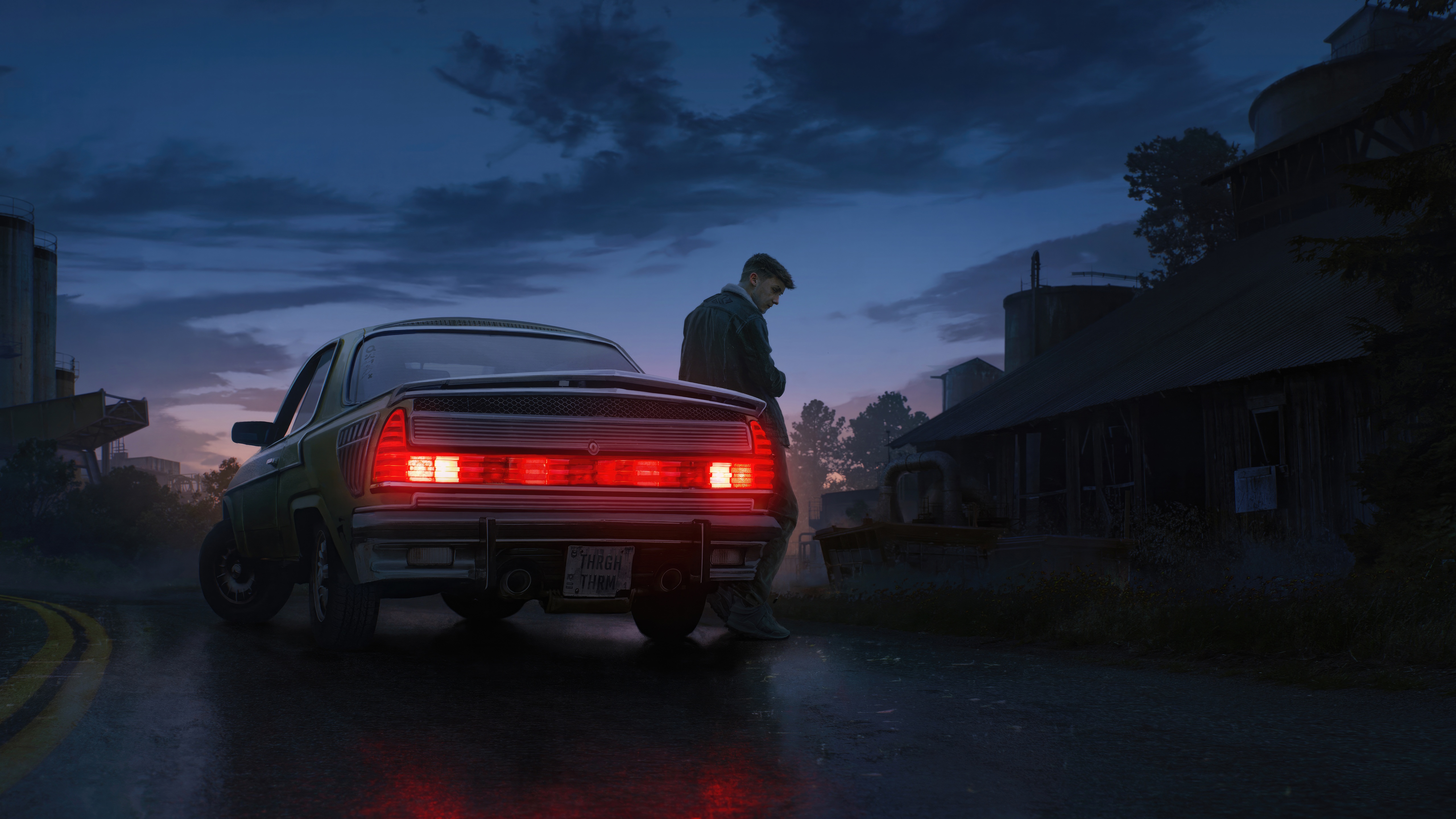 Man Taking a Break by a Car at Dusk HD Wallpaper