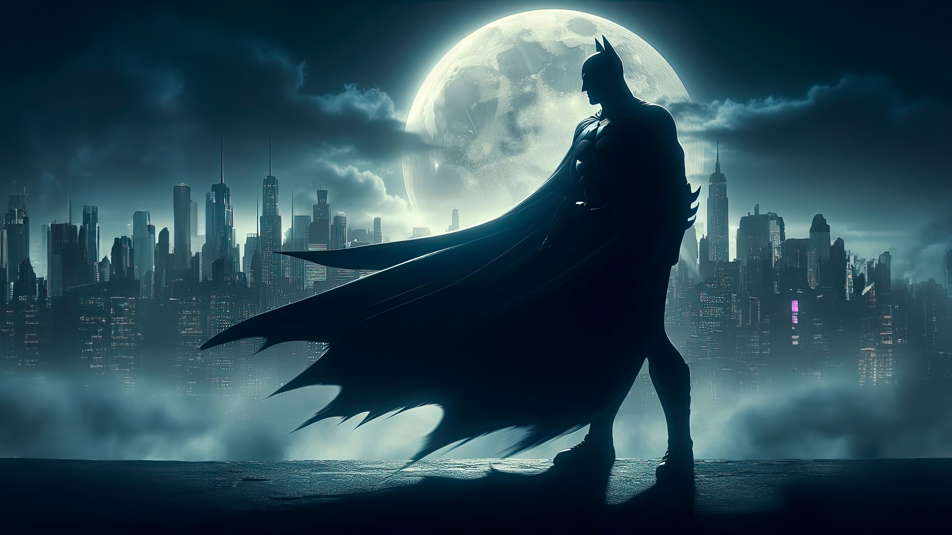 Batman overlooking a city skyline at night HD Wallpaper