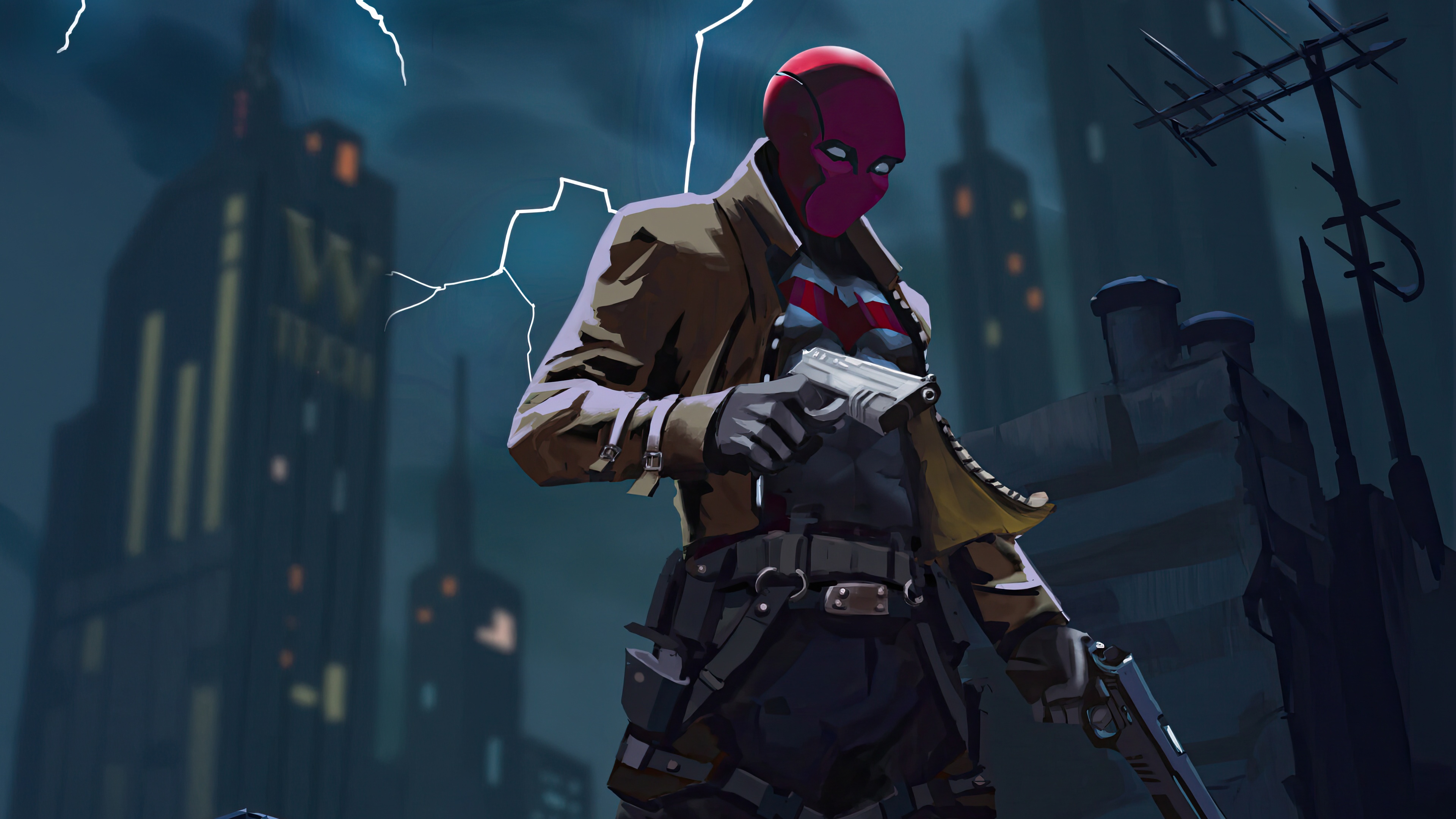 Red Hood stands with guns in a city at night HD Wallpaper