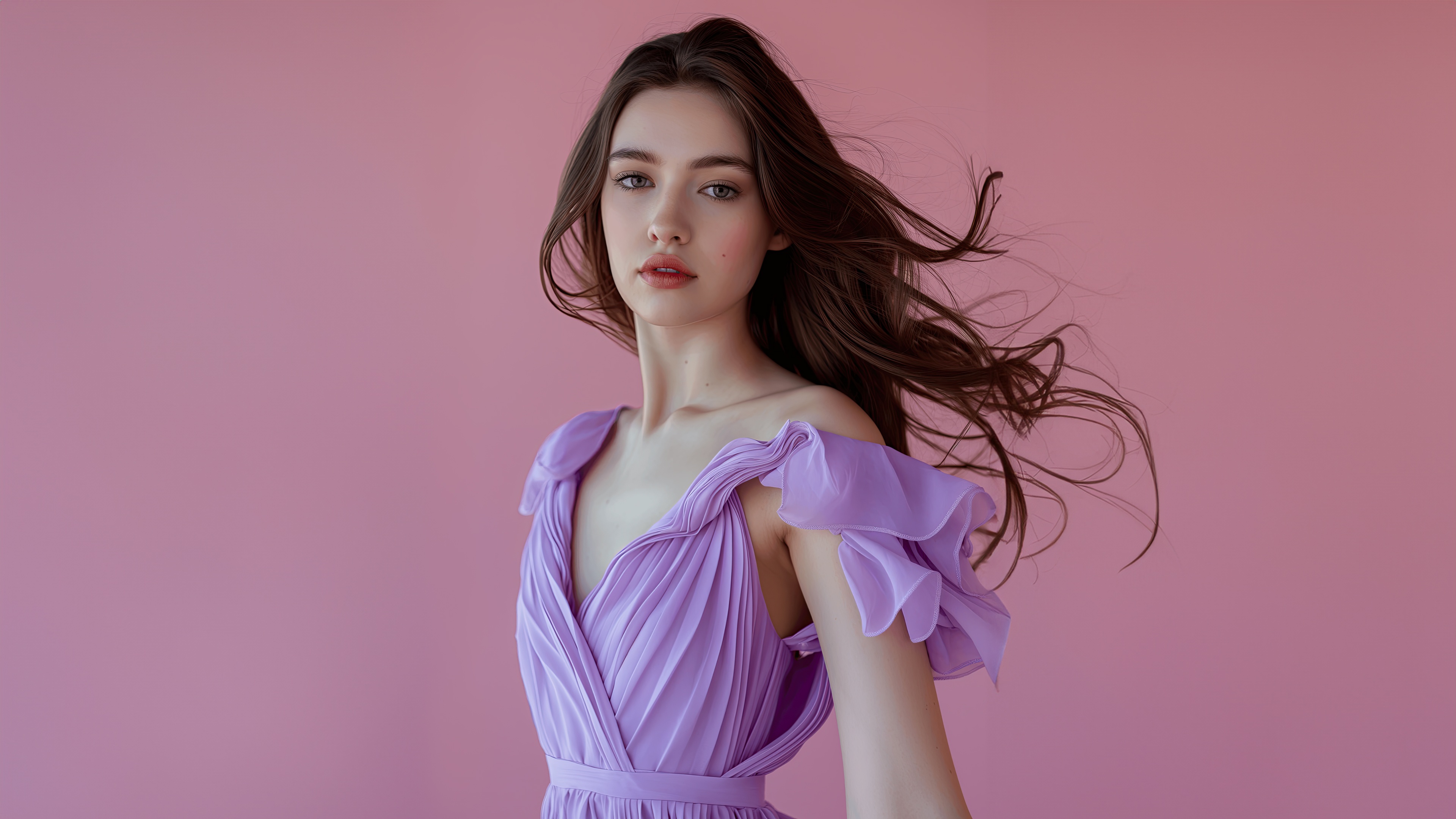 Beautiful girl with flowing hair in a purple dress HD Wallpaper