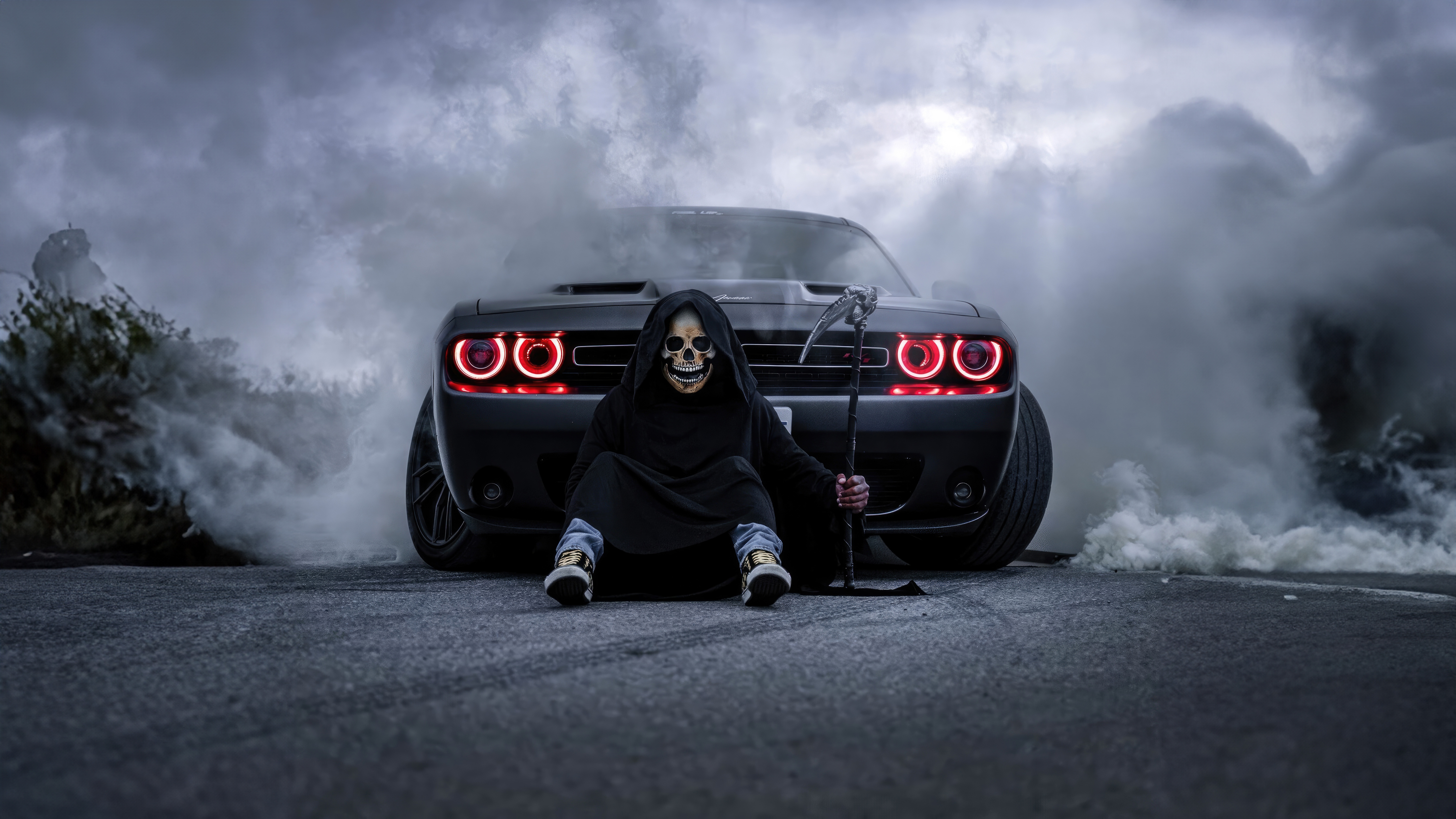 Dodge Challenger with Grim Reaper in Smoke HD Wallpaper