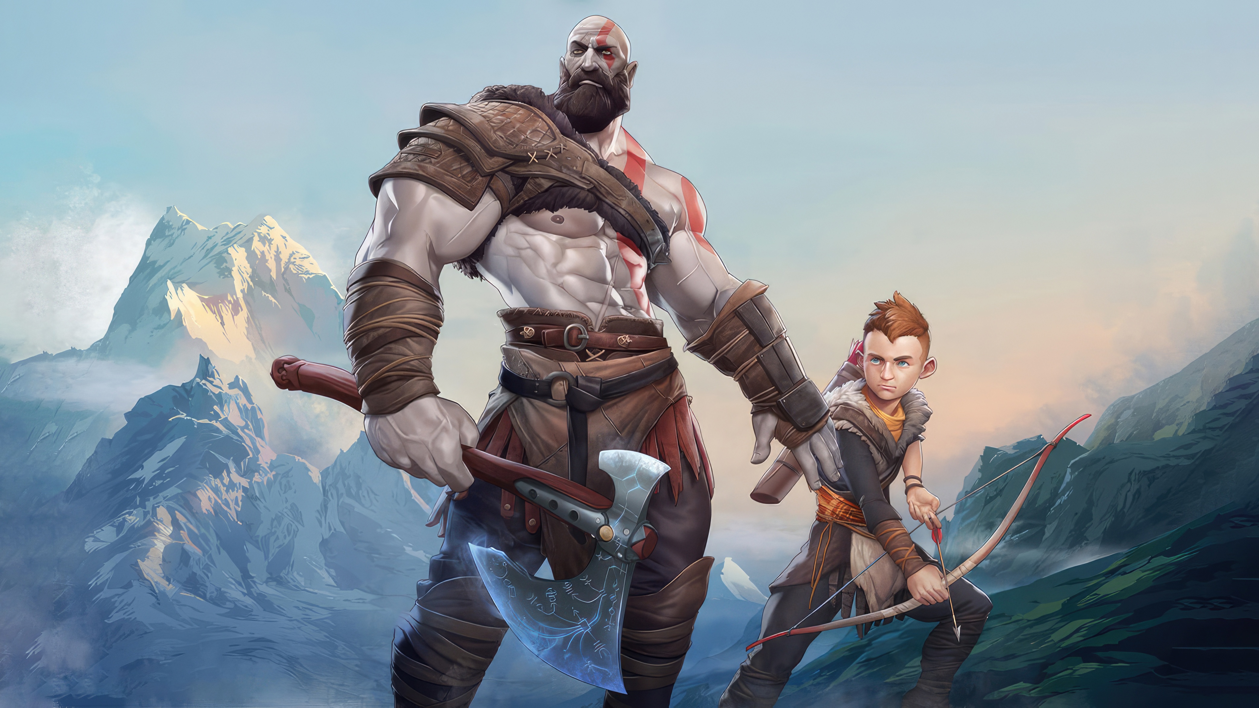 Kratos and Atreus from God of War in mountains HD Wallpaper