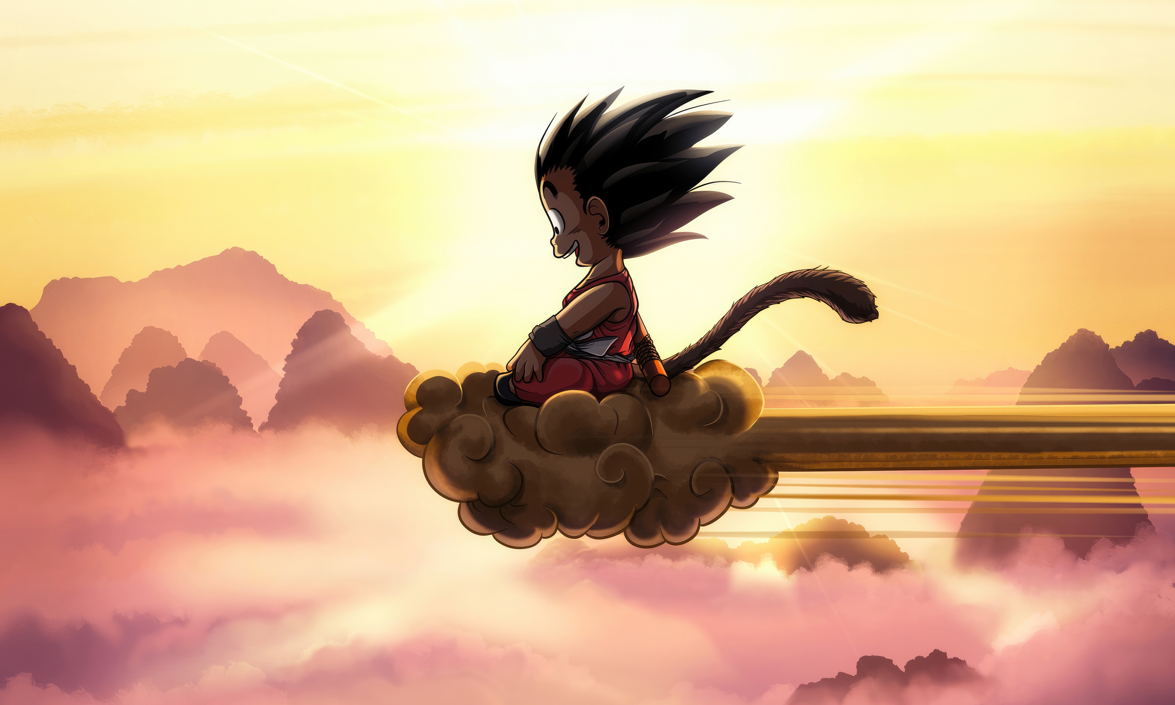 Goku riding the Flying Nimbus through mountains HD Wallpaper