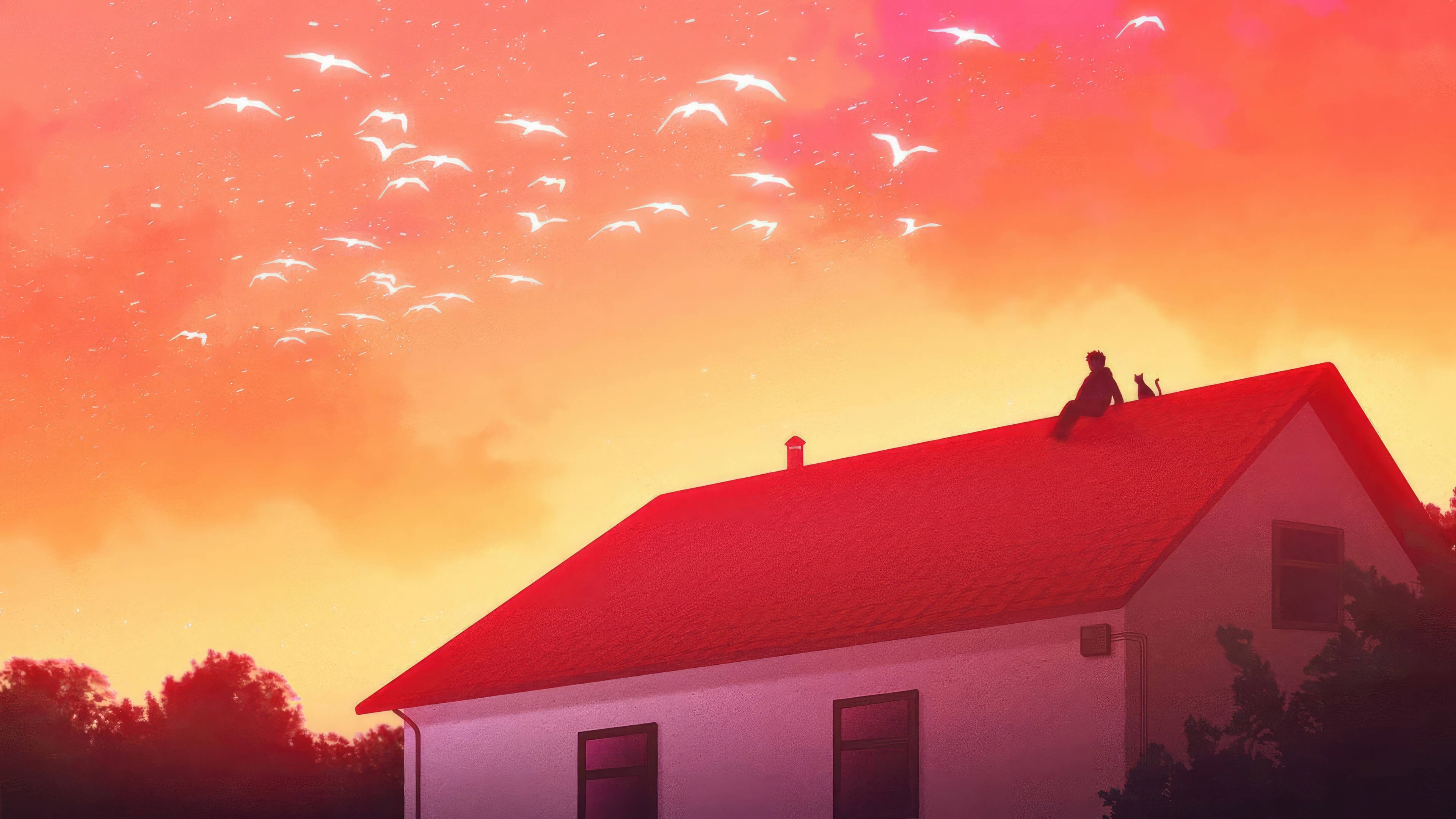 Person and cat on a rooftop with birds flying HD Wallpaper