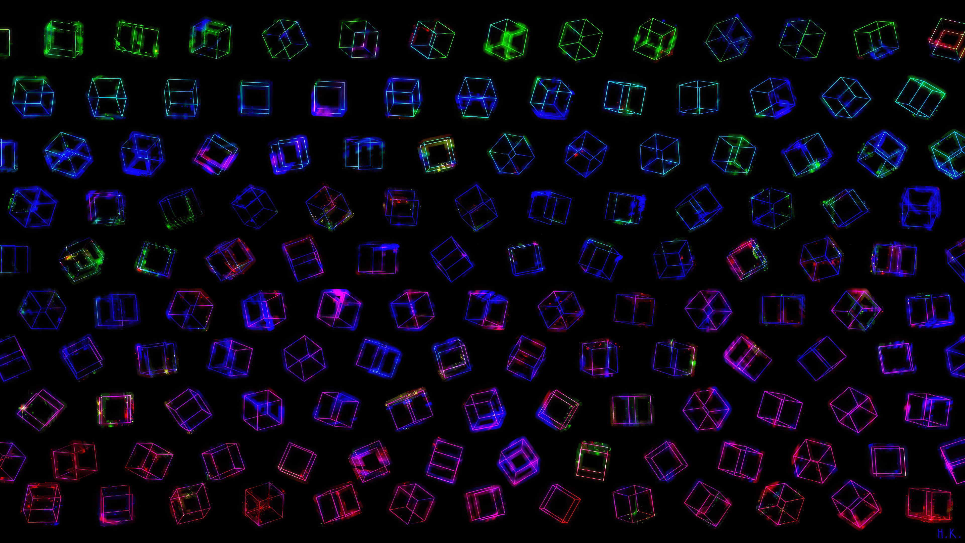Array of colorful wireframe cubes on black background HD Wallpaper