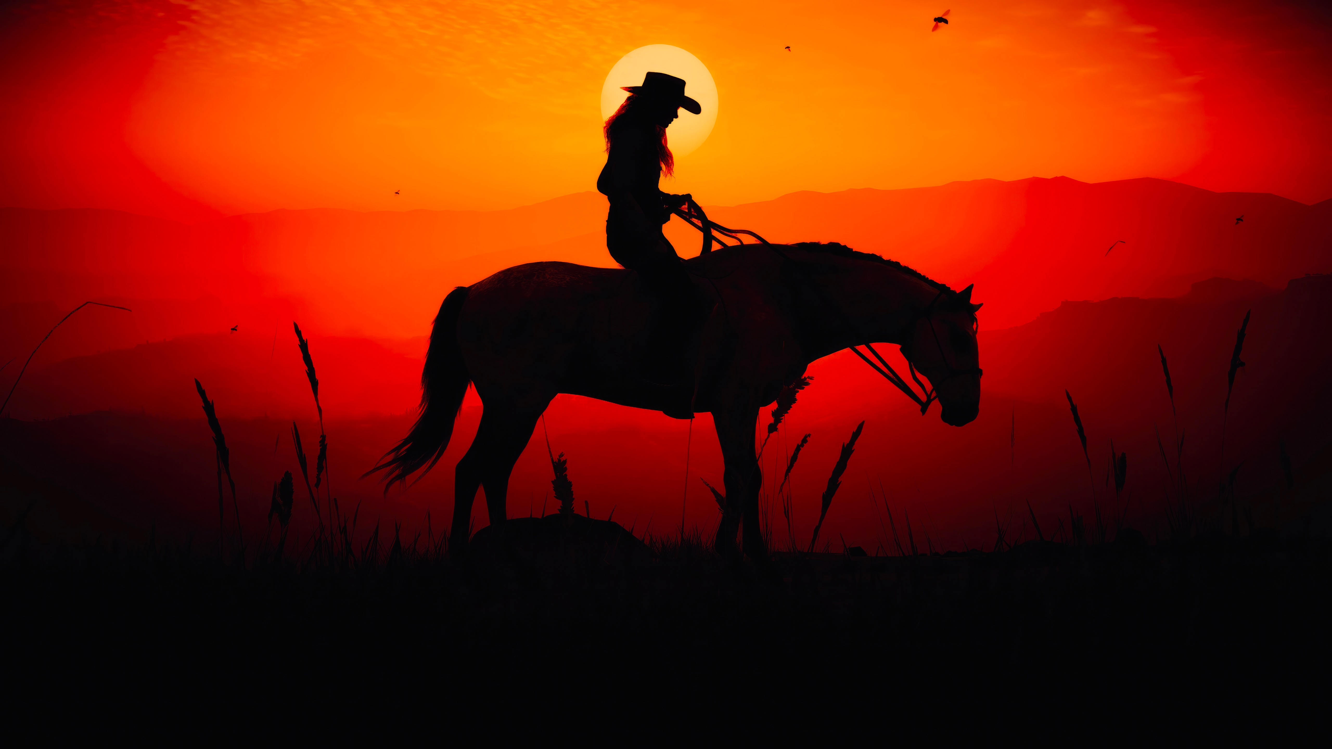 Red Dead Redemption 2 Cowgirl Silhouette at Sunset HD Wallpaper