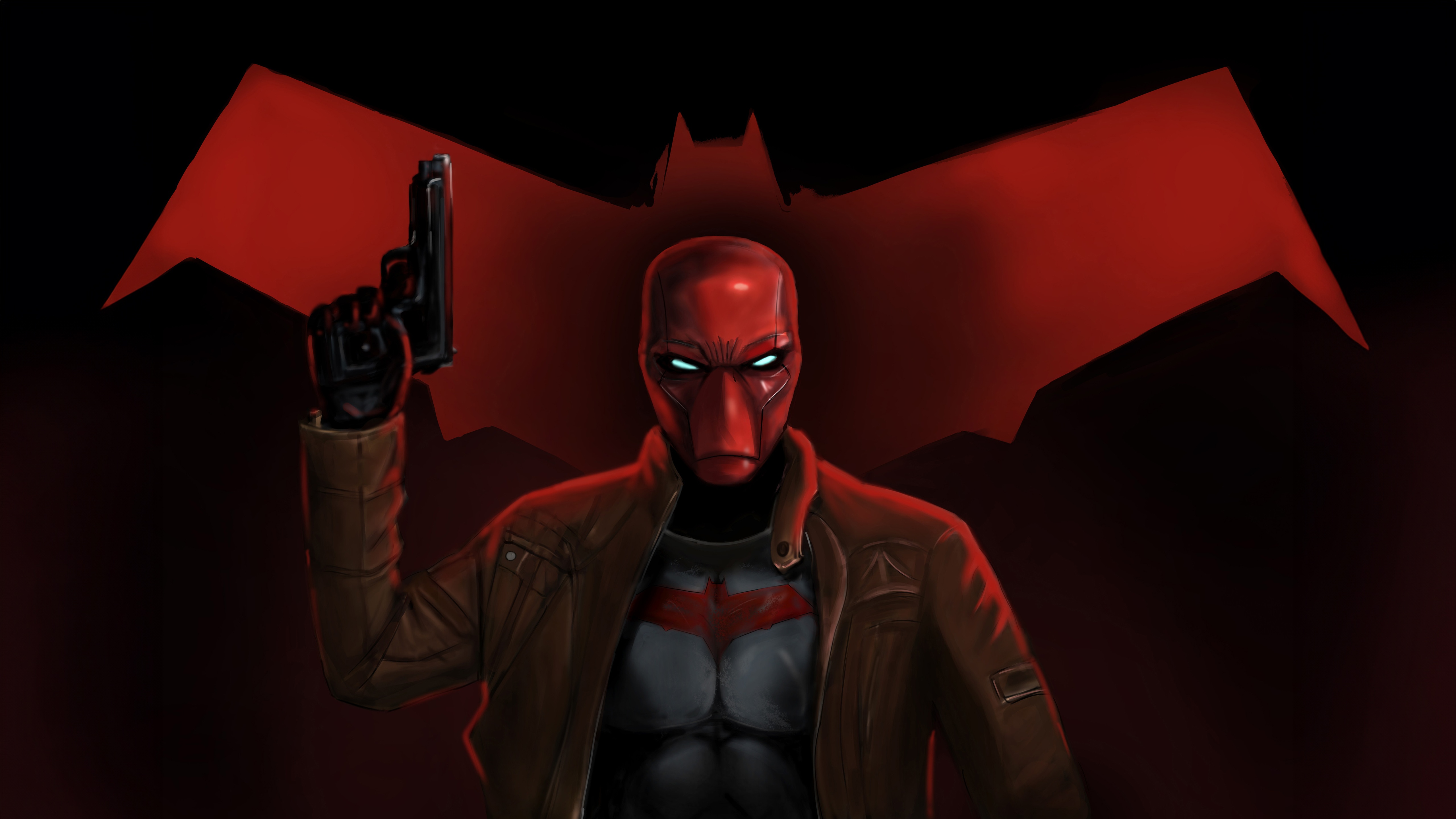 Red Hood Holding a Gun with Batman Symbol HD Wallpaper
