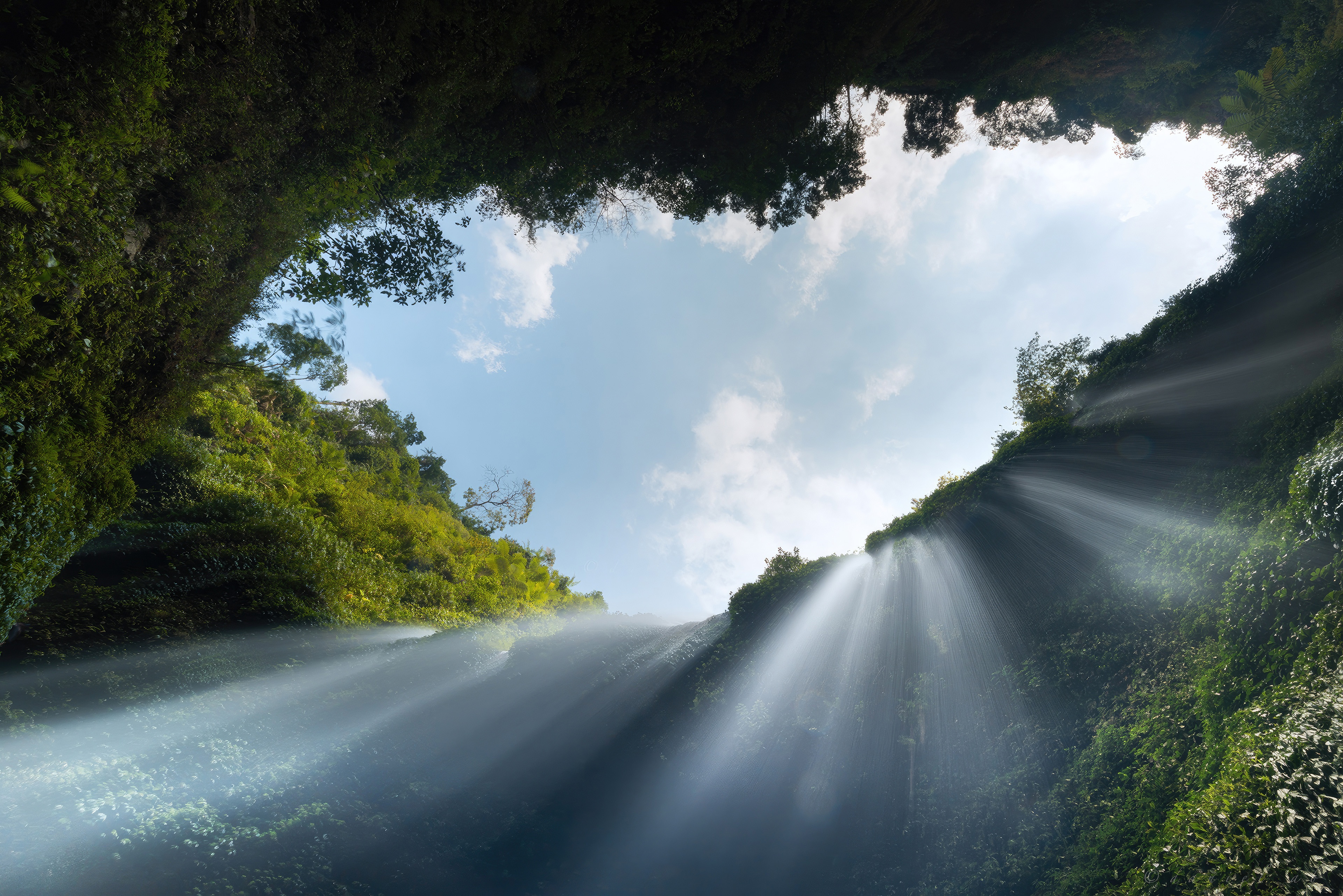 Madakaripura Waterfall with Sunbeams HD Wallpaper