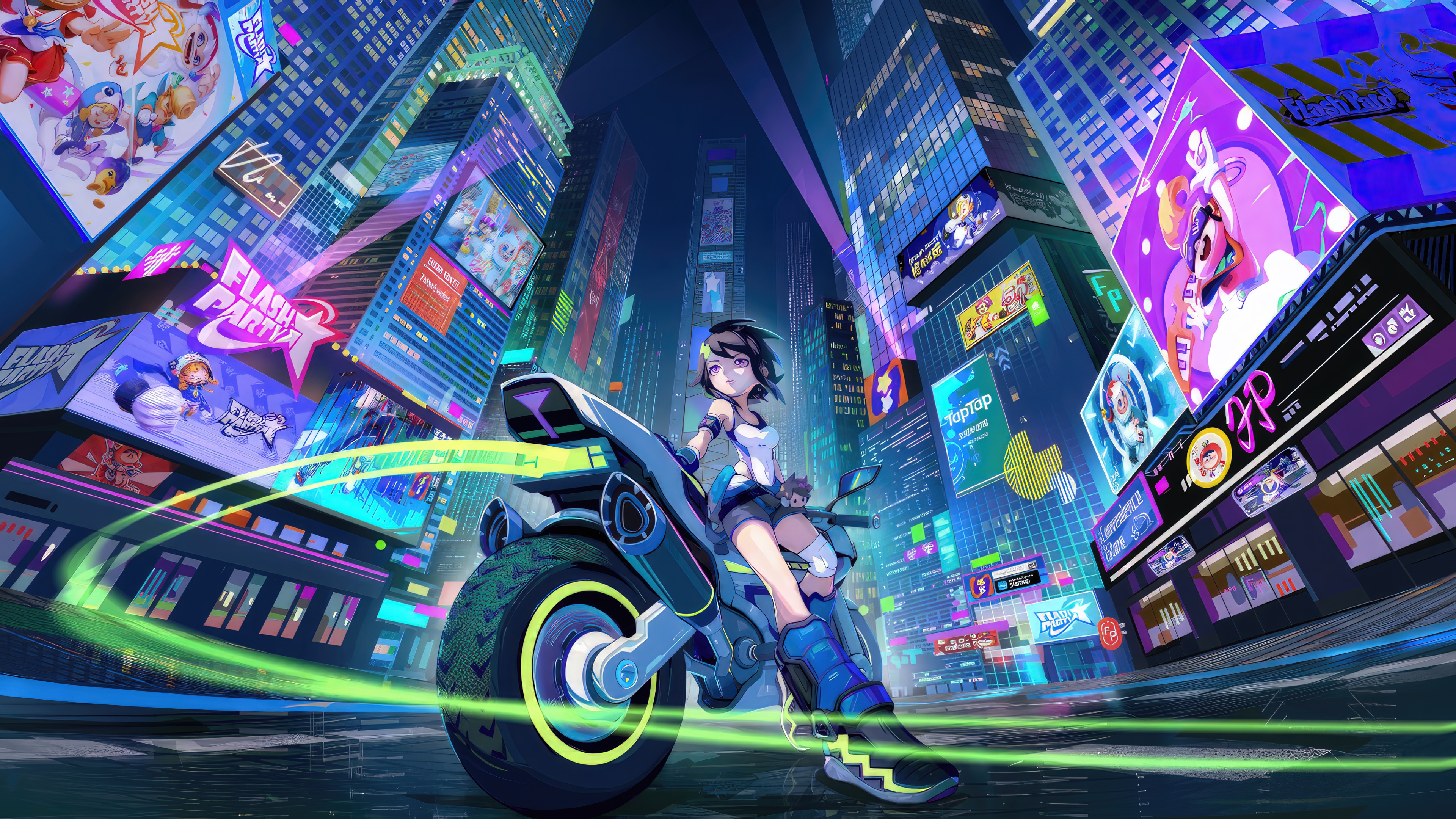 Girl on a motorcycle in a neon city HD Wallpaper