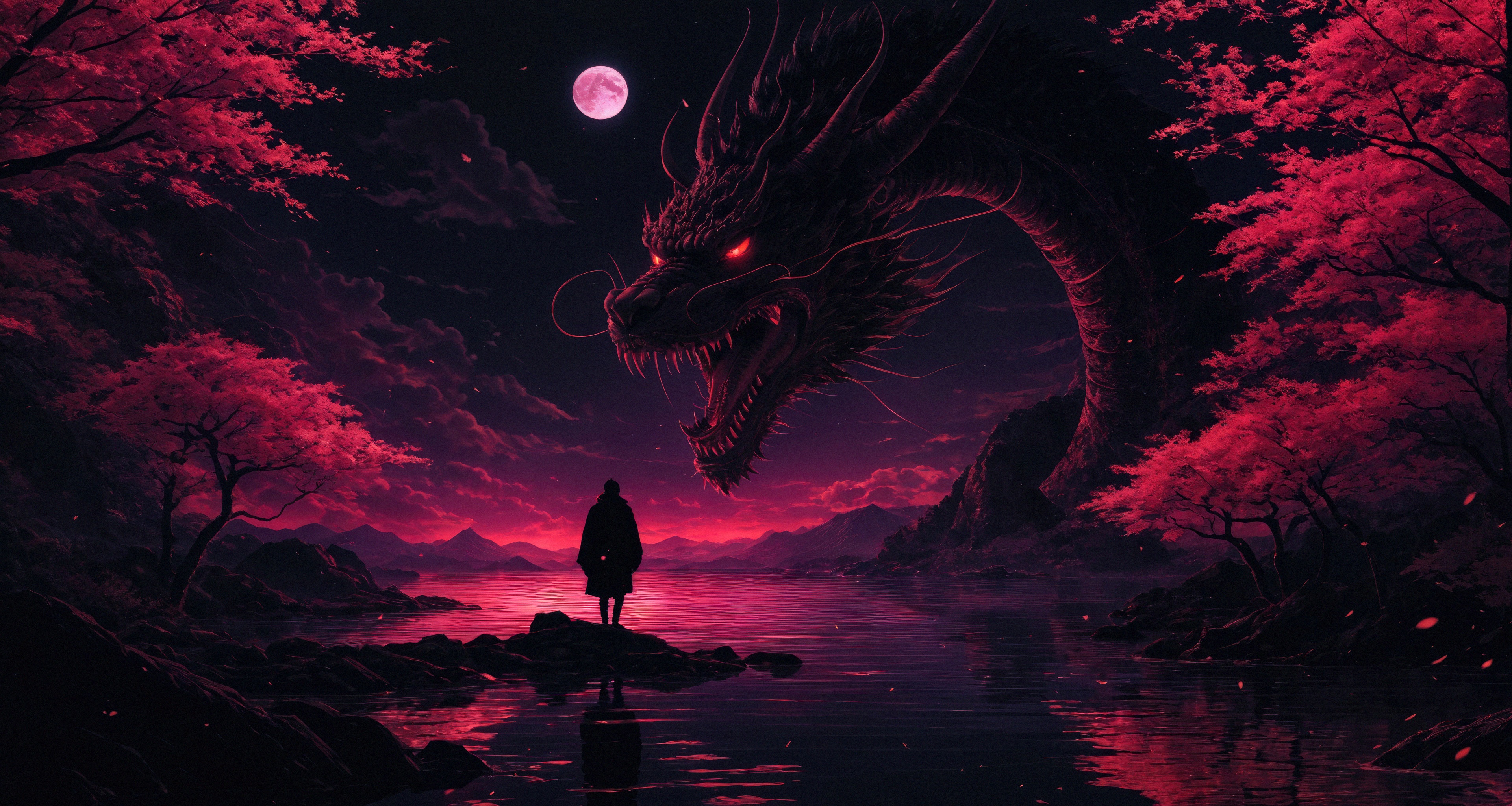 Dragon and person by the water under a pink moon HD Wallpaper