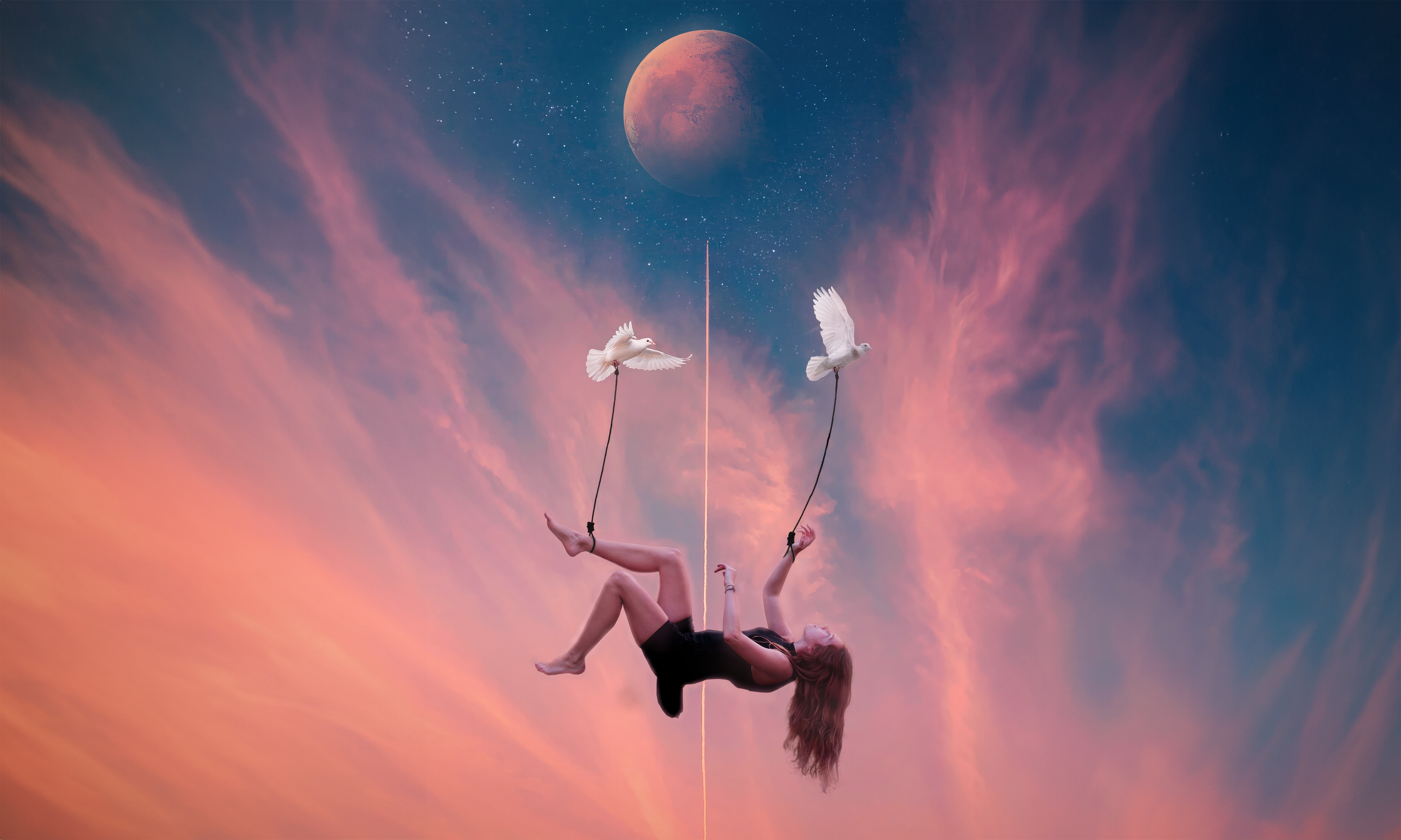 Woman suspended by doves against a surreal sky HD Wallpaper