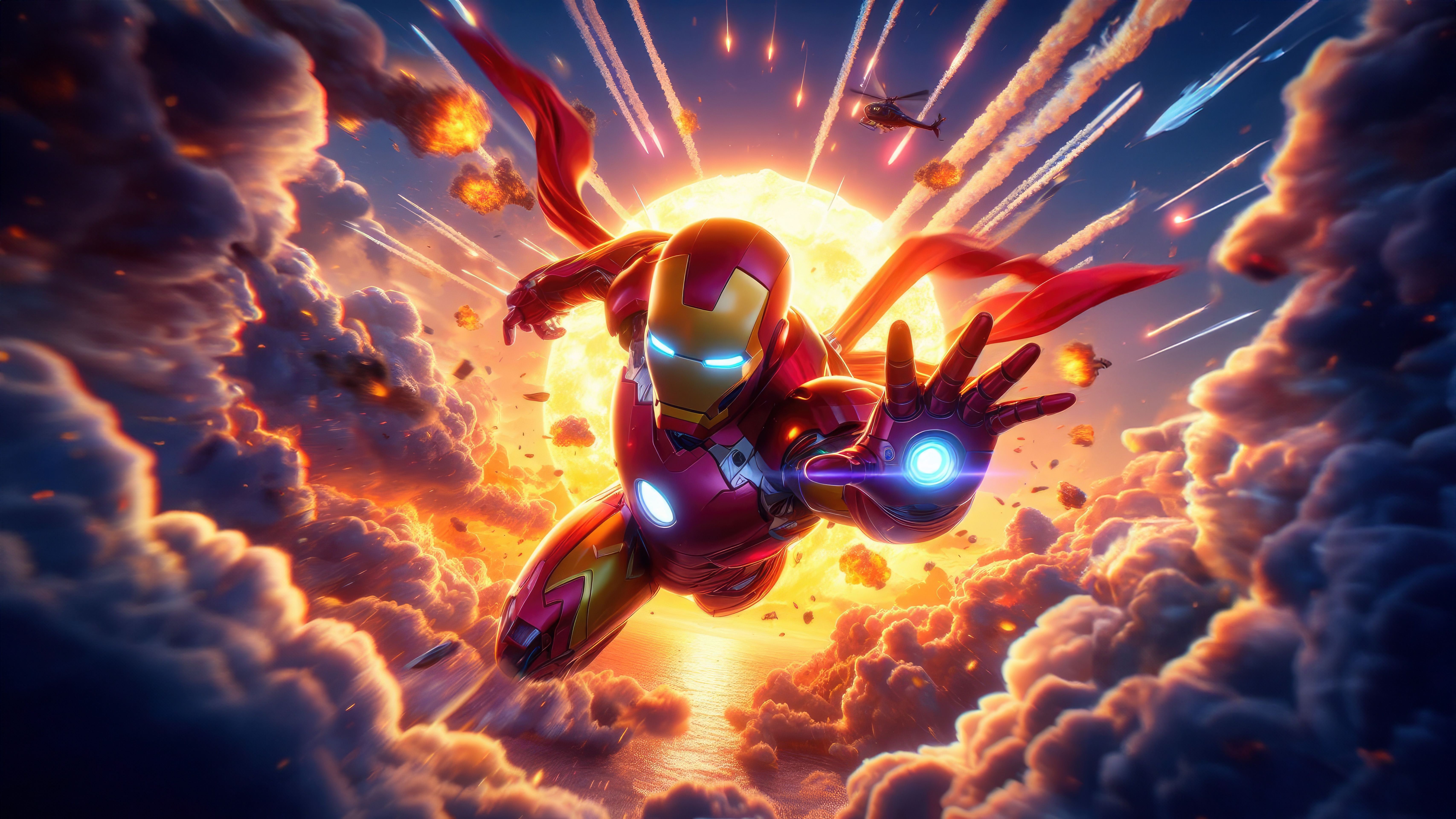 Iron Man in Anime Style Flying Through Explosions HD Wallpaper