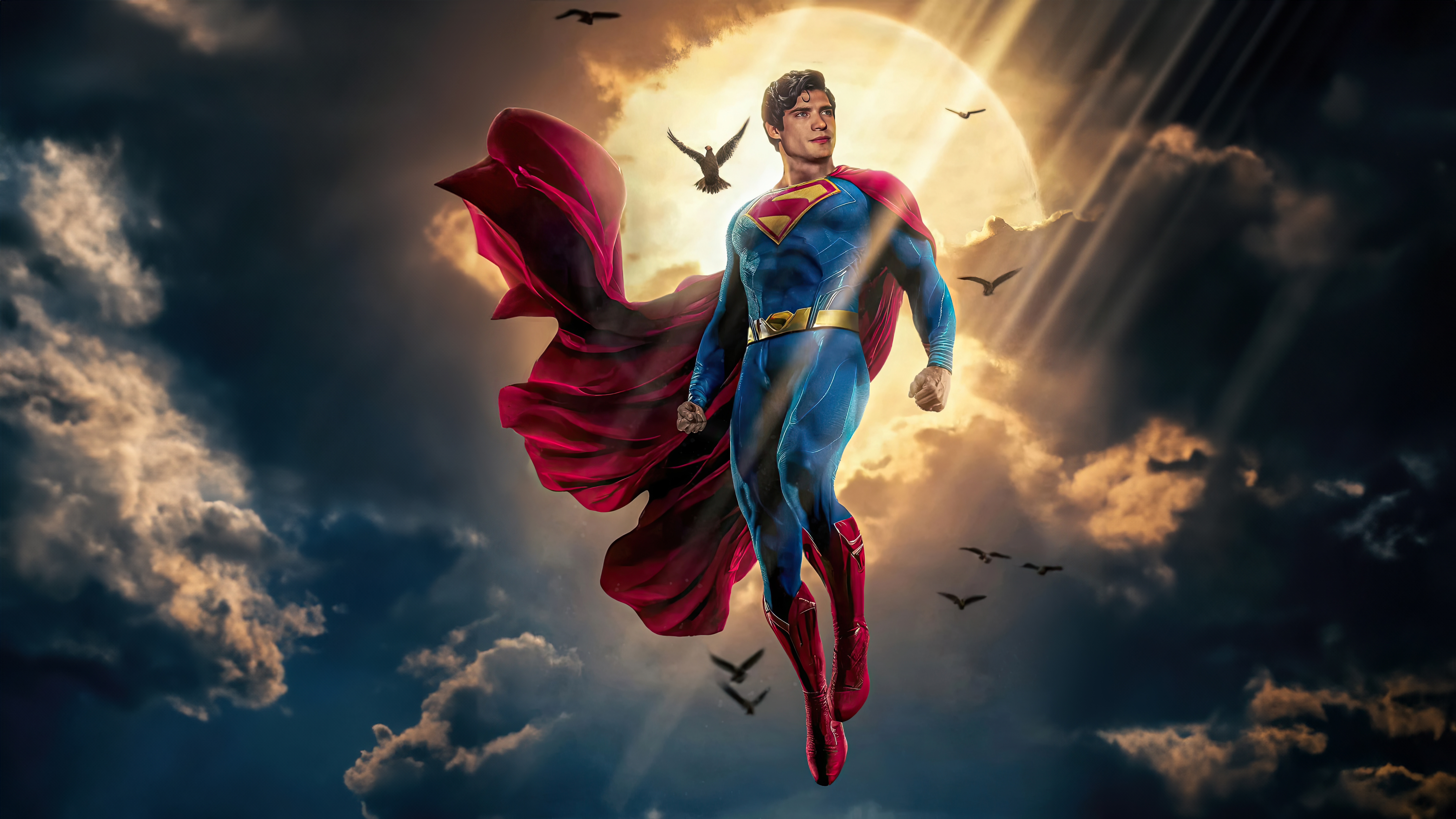 Superman flying through the sky with a cape HD Wallpaper
