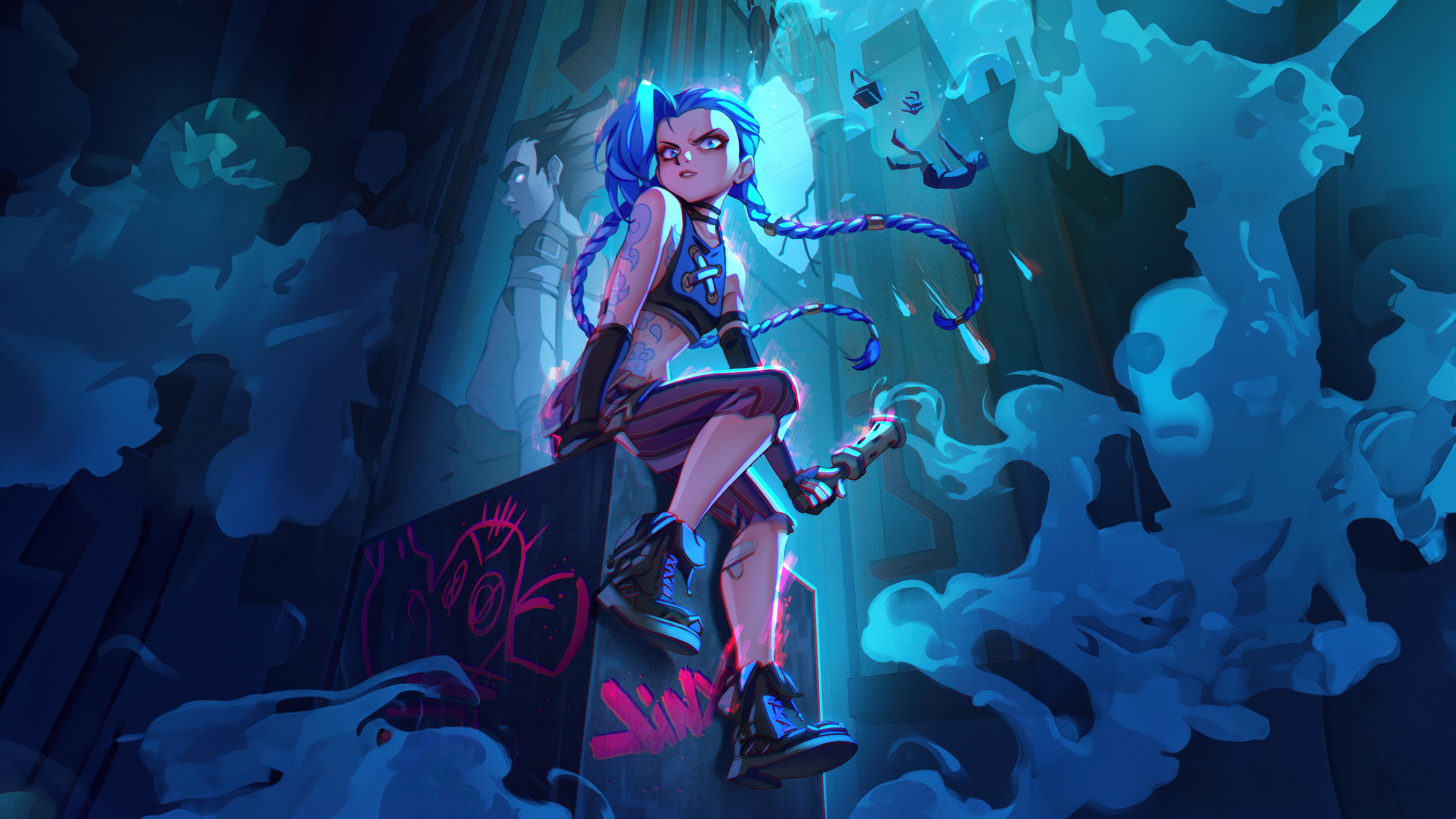 Jinx sitting on a ledge with smoke and graffiti HD Wallpaper