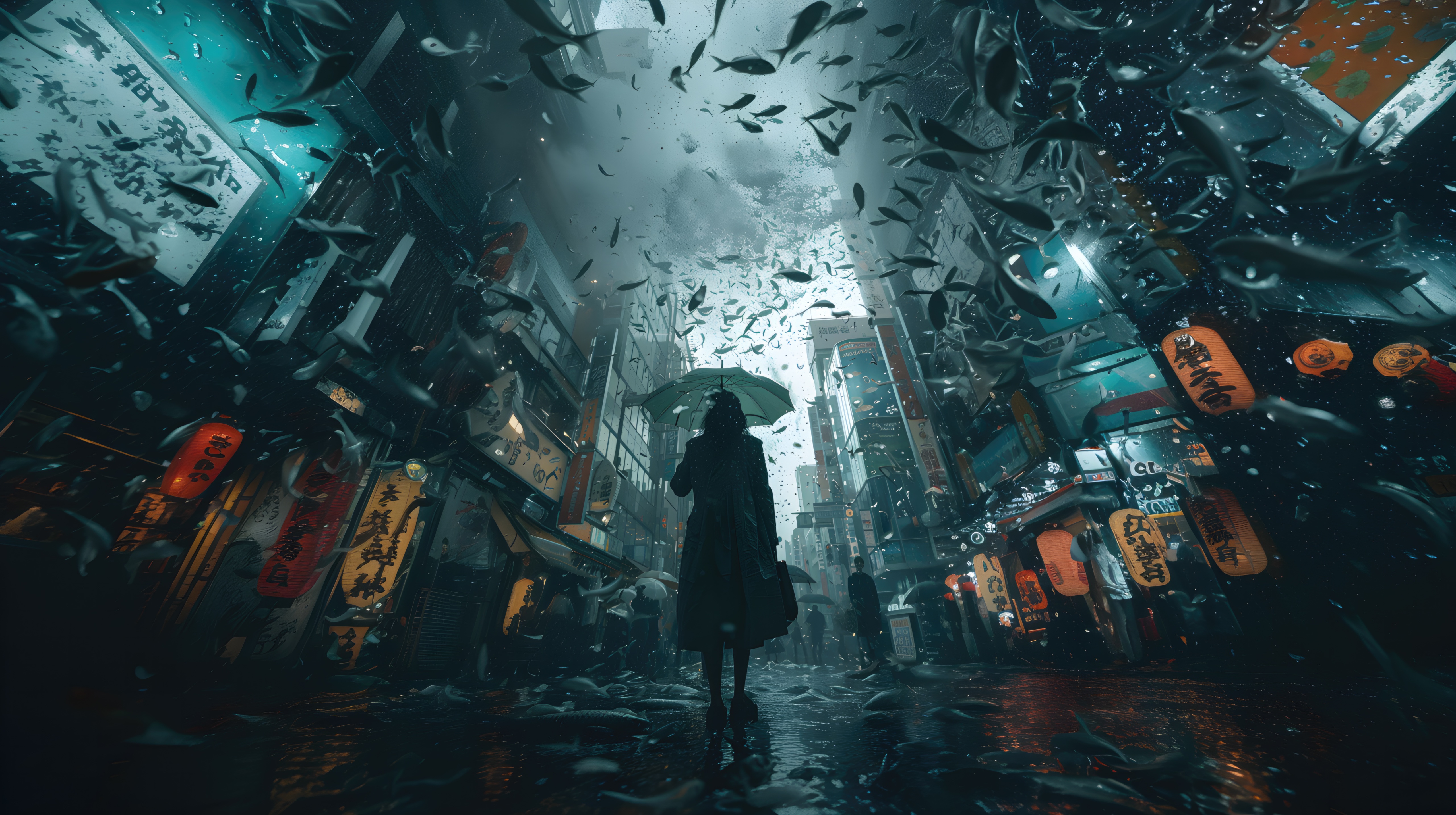 Person with Umbrella in Fish-Filled City HD Wallpaper