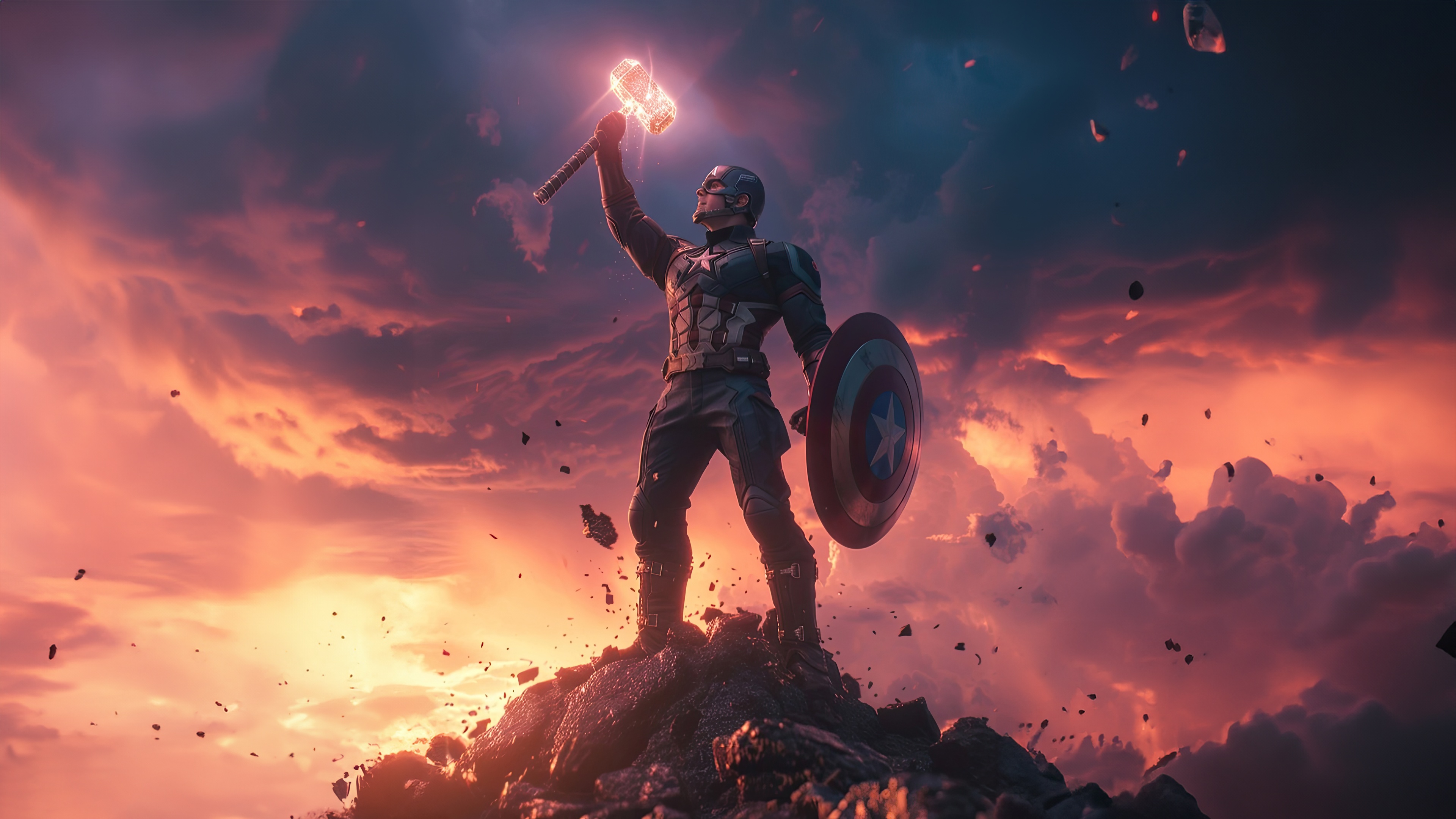 Captain America wielding Mjolnir against a dramatic sky HD Wallpaper