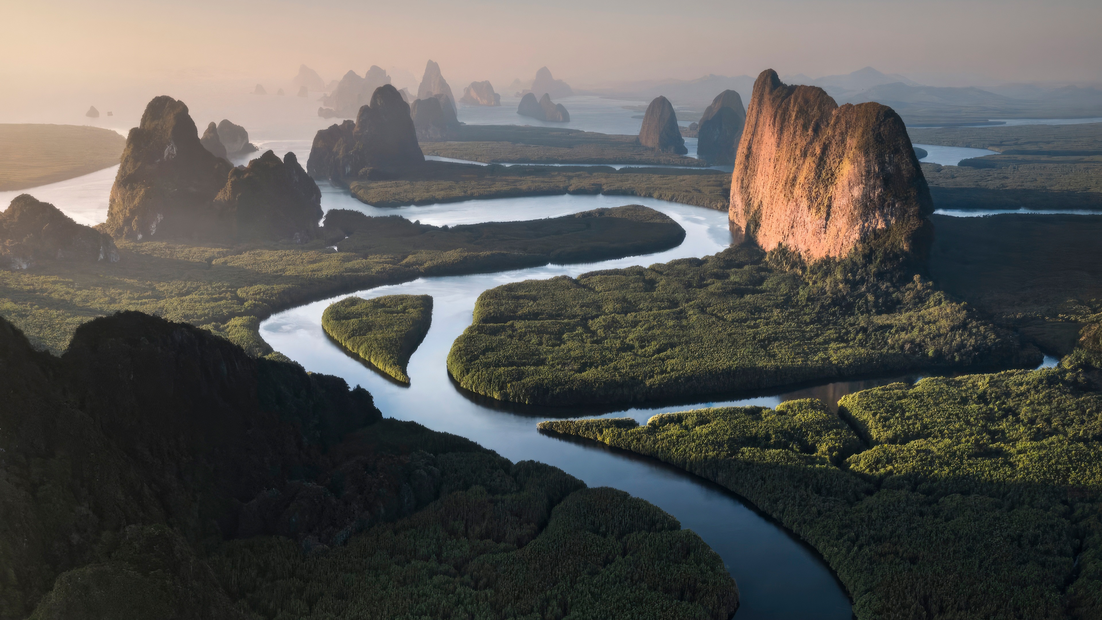 Phang Nga Bay with limestone karsts and river HD Wallpaper