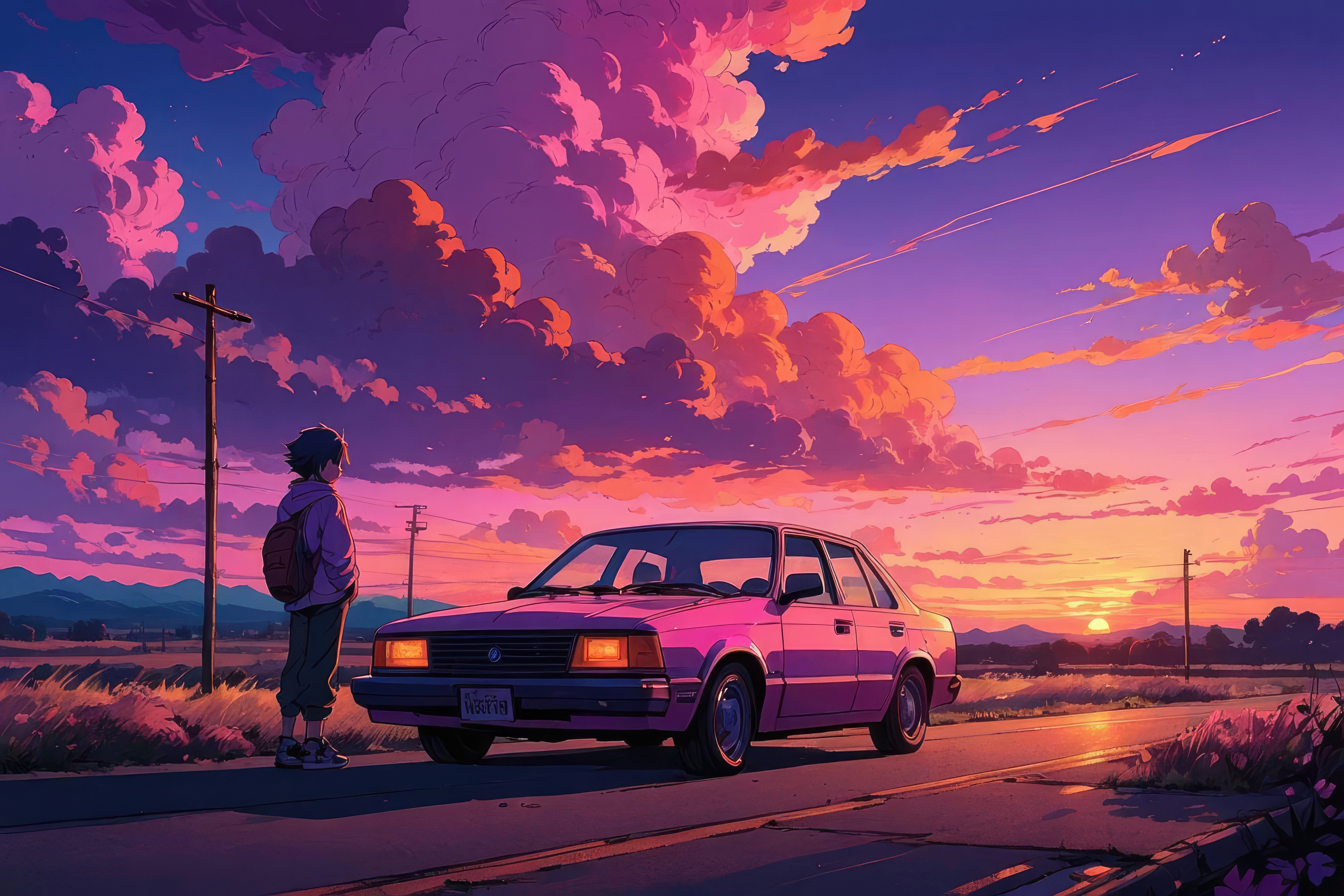 Anime boy and his pink car at sunset HD Wallpaper