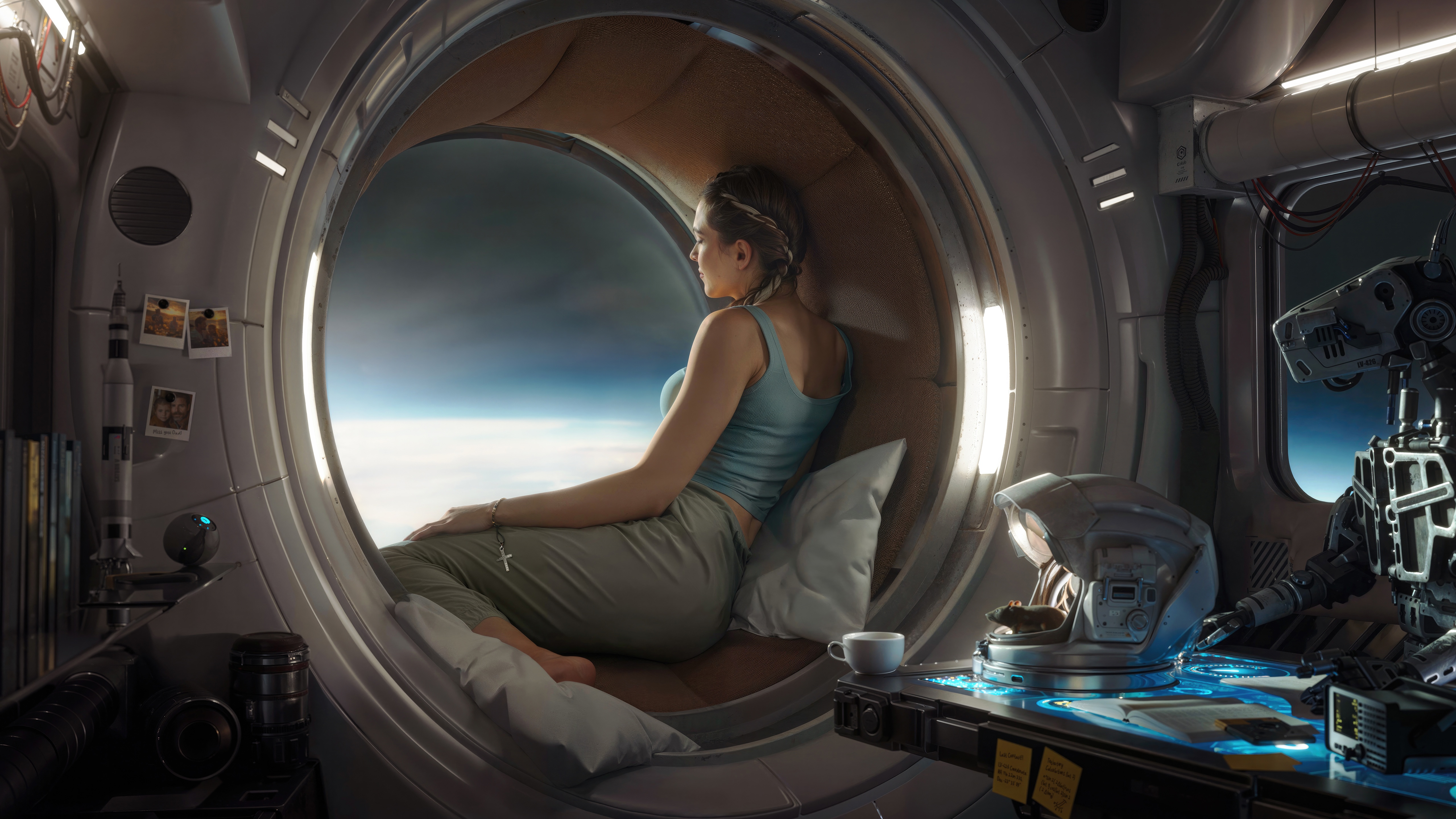 Woman Gazing Out Spaceship Window at Earth HD Wallpaper