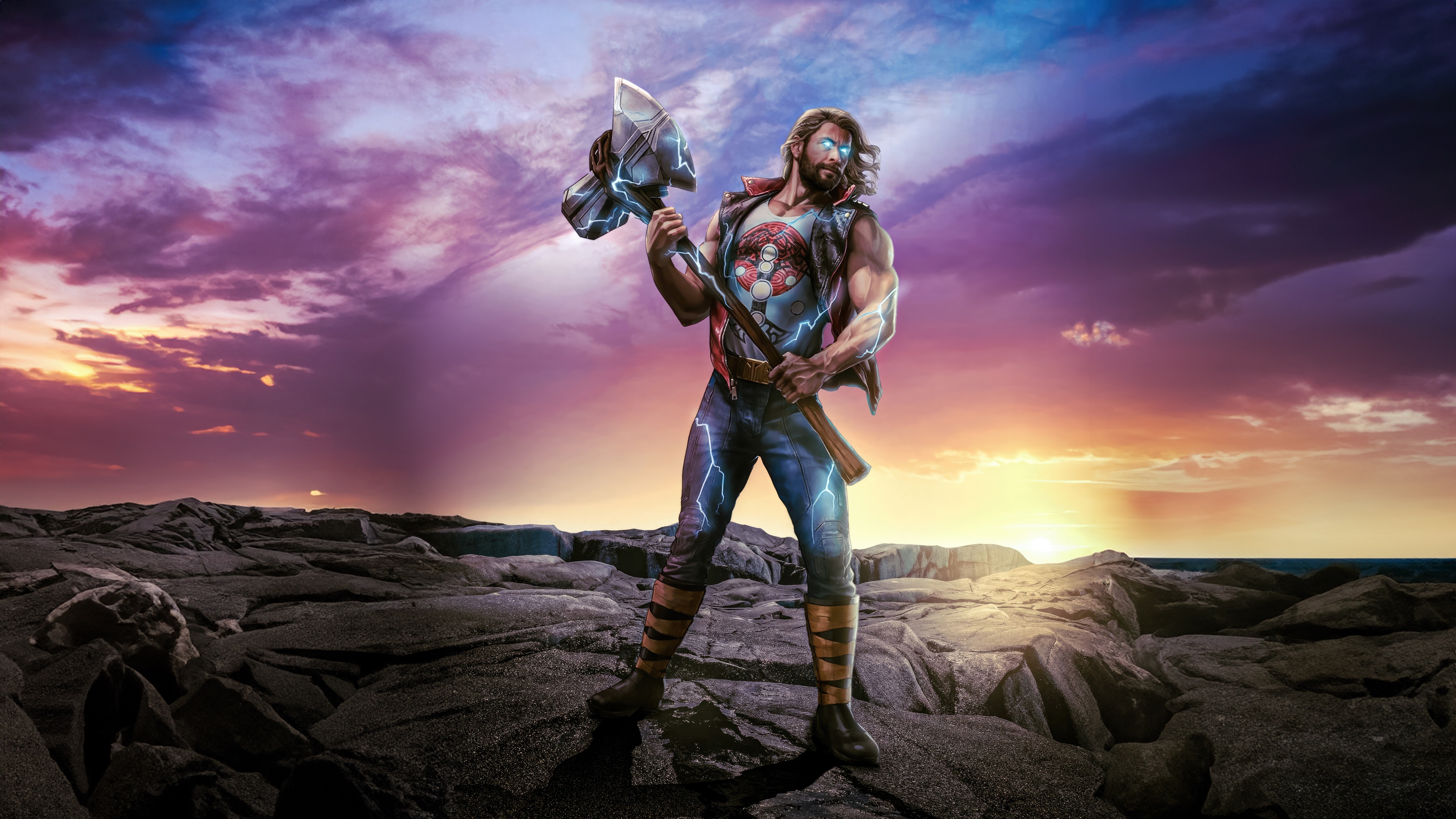 Thor with Mjolnir on rocky shore at sunset HD Wallpaper