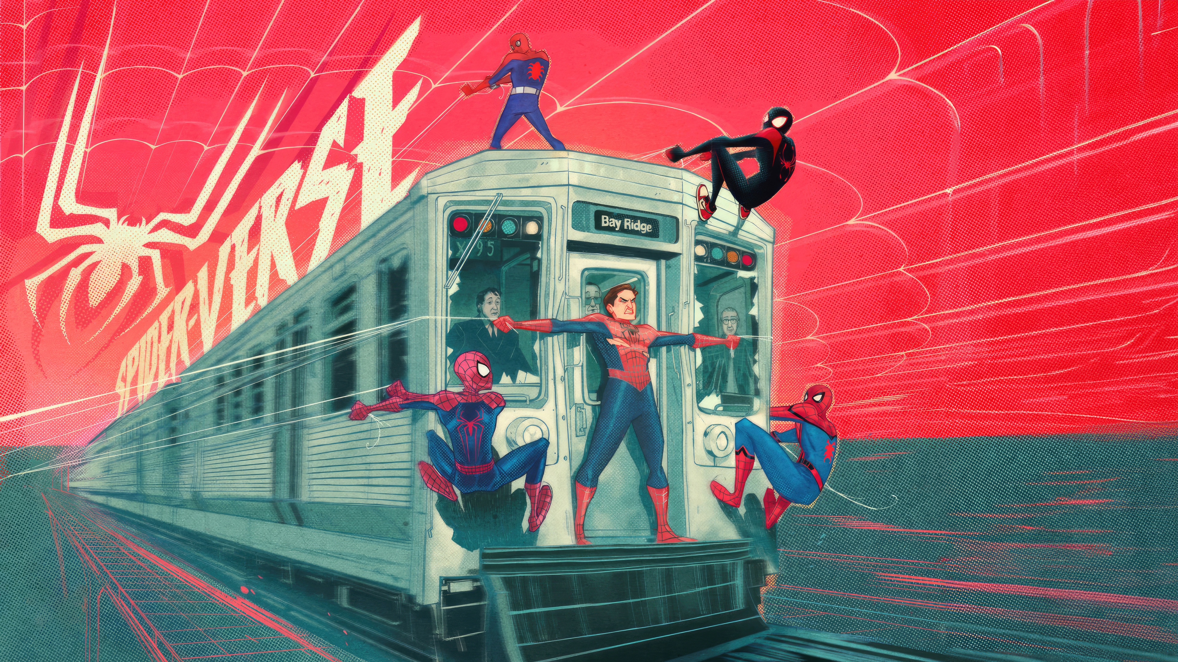 Spider-Verse Characters on a Train HD Wallpaper
