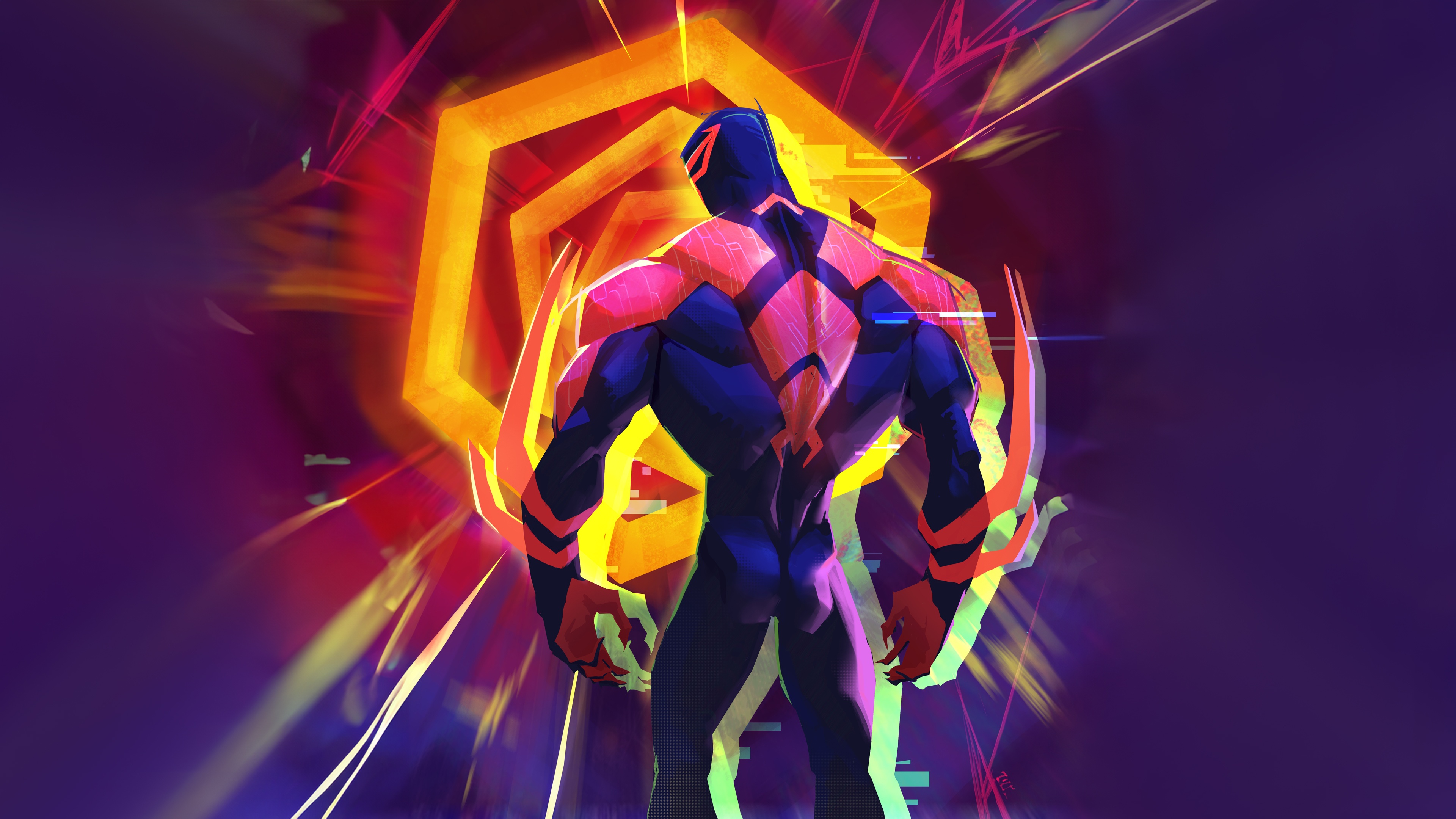 Spider-Man 2099 in a Neon Hexagonal Portal HD Wallpaper