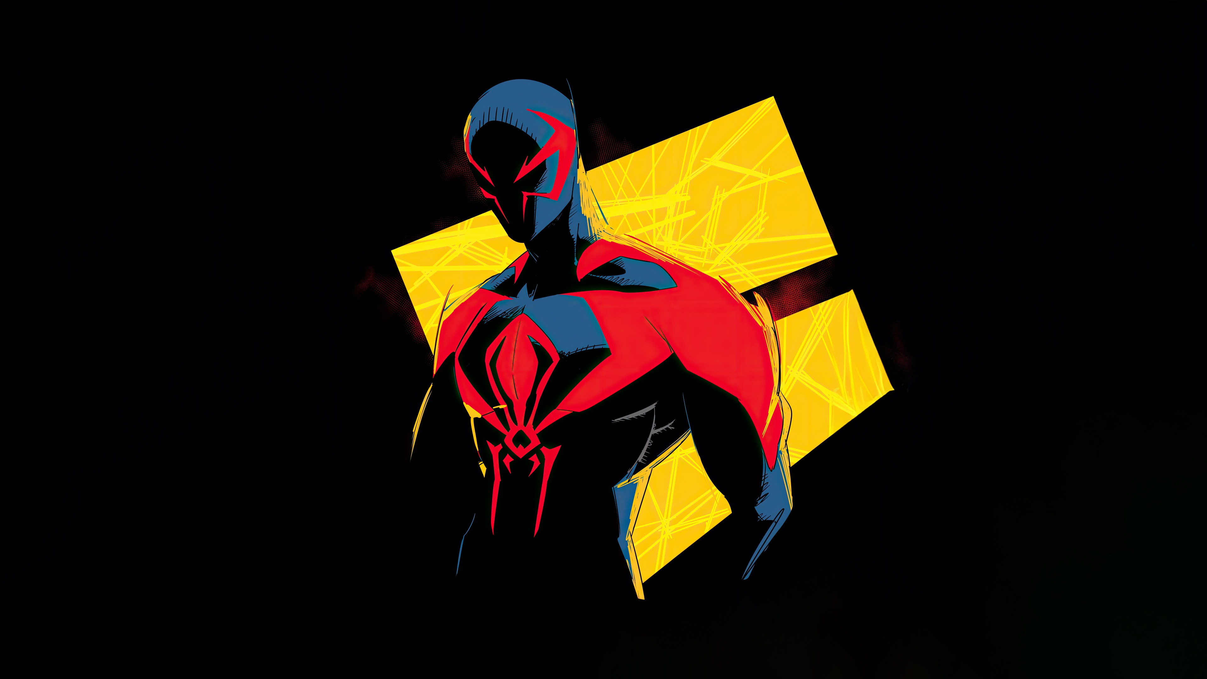 Spider-Man 2099 in front of yellow geometric shapes HD Wallpaper