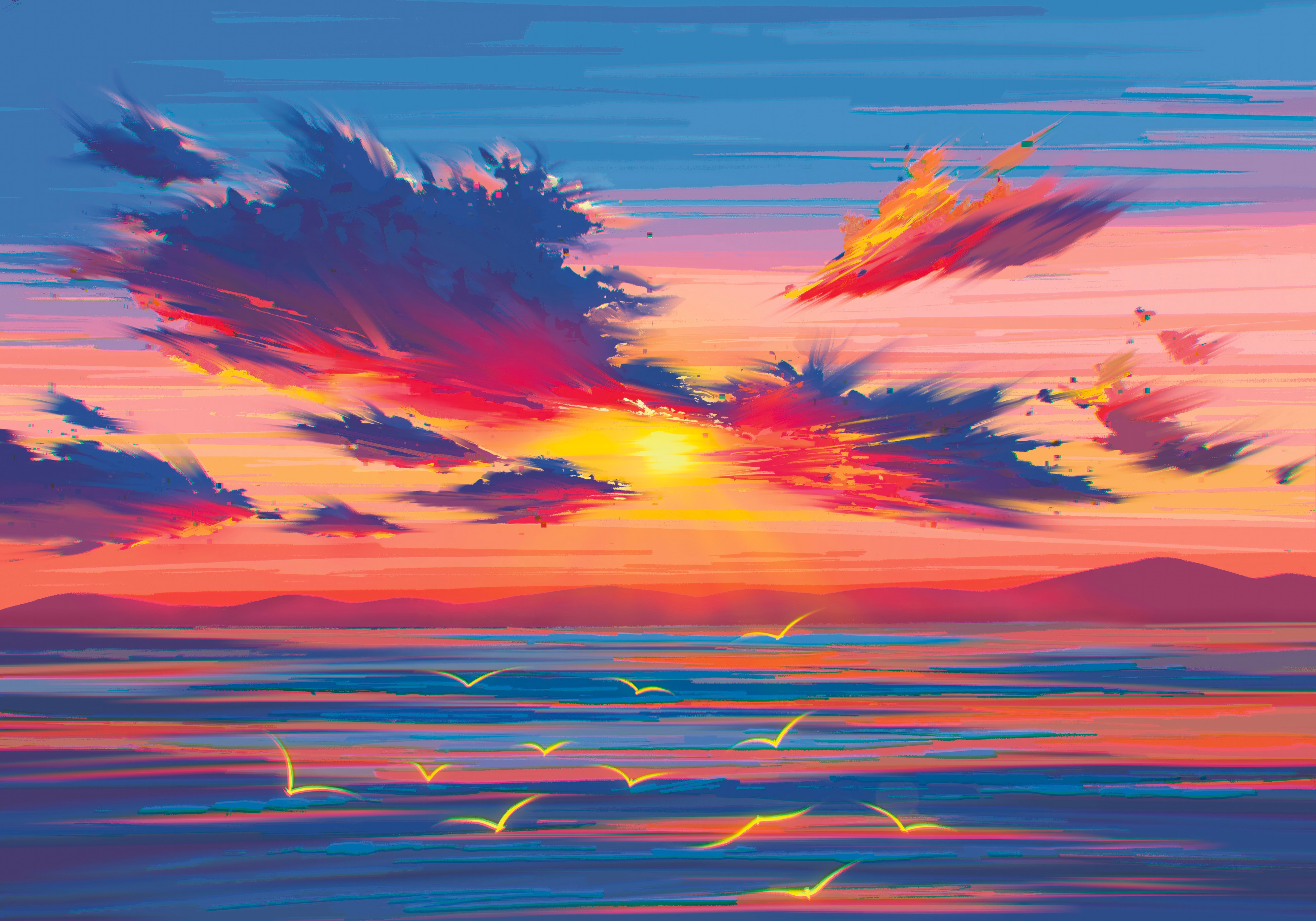 Painting of a vibrant sunset over the sea with birds HD Wallpaper