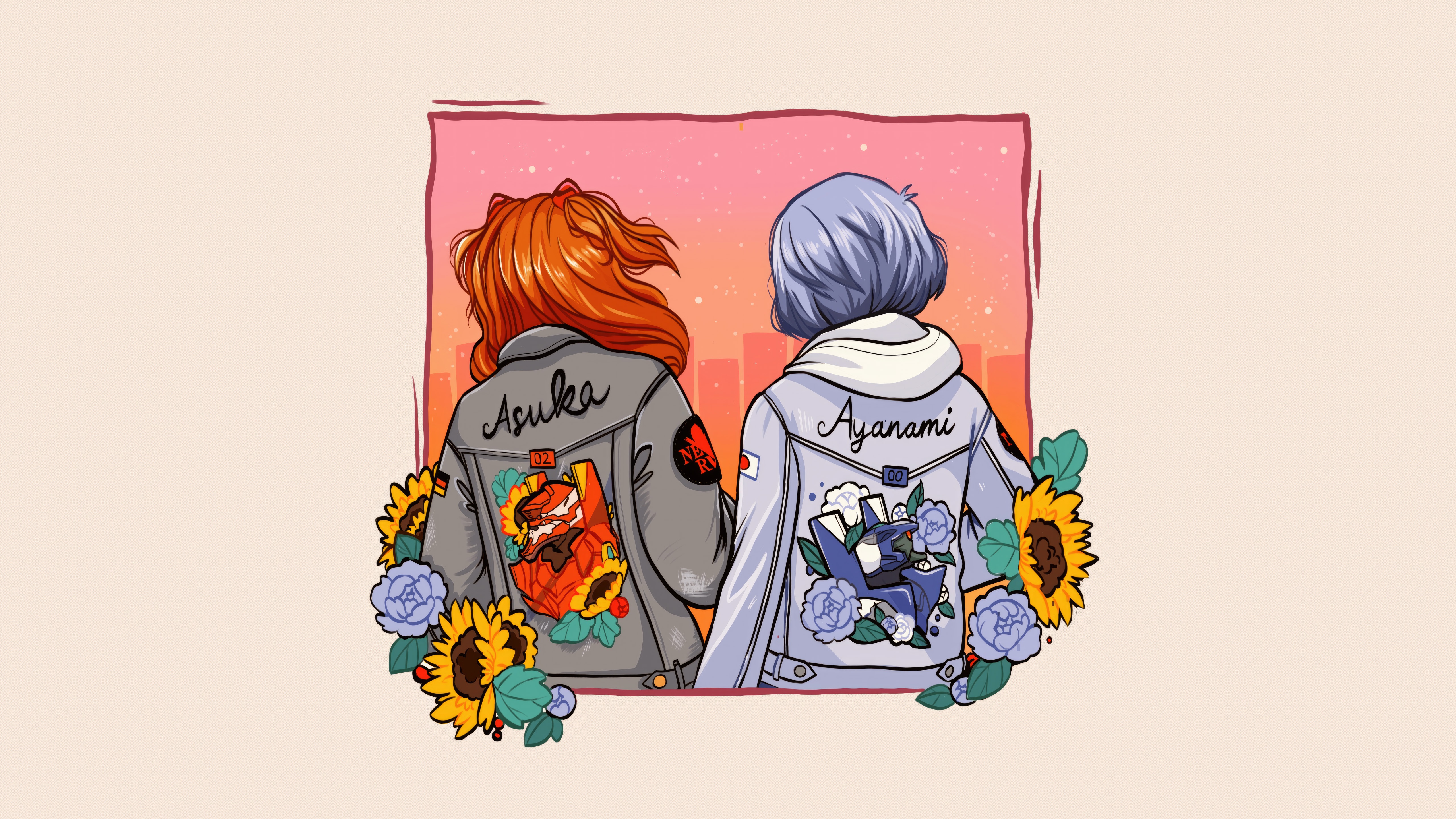 Asuka and Rei in jackets with anime characters HD Wallpaper