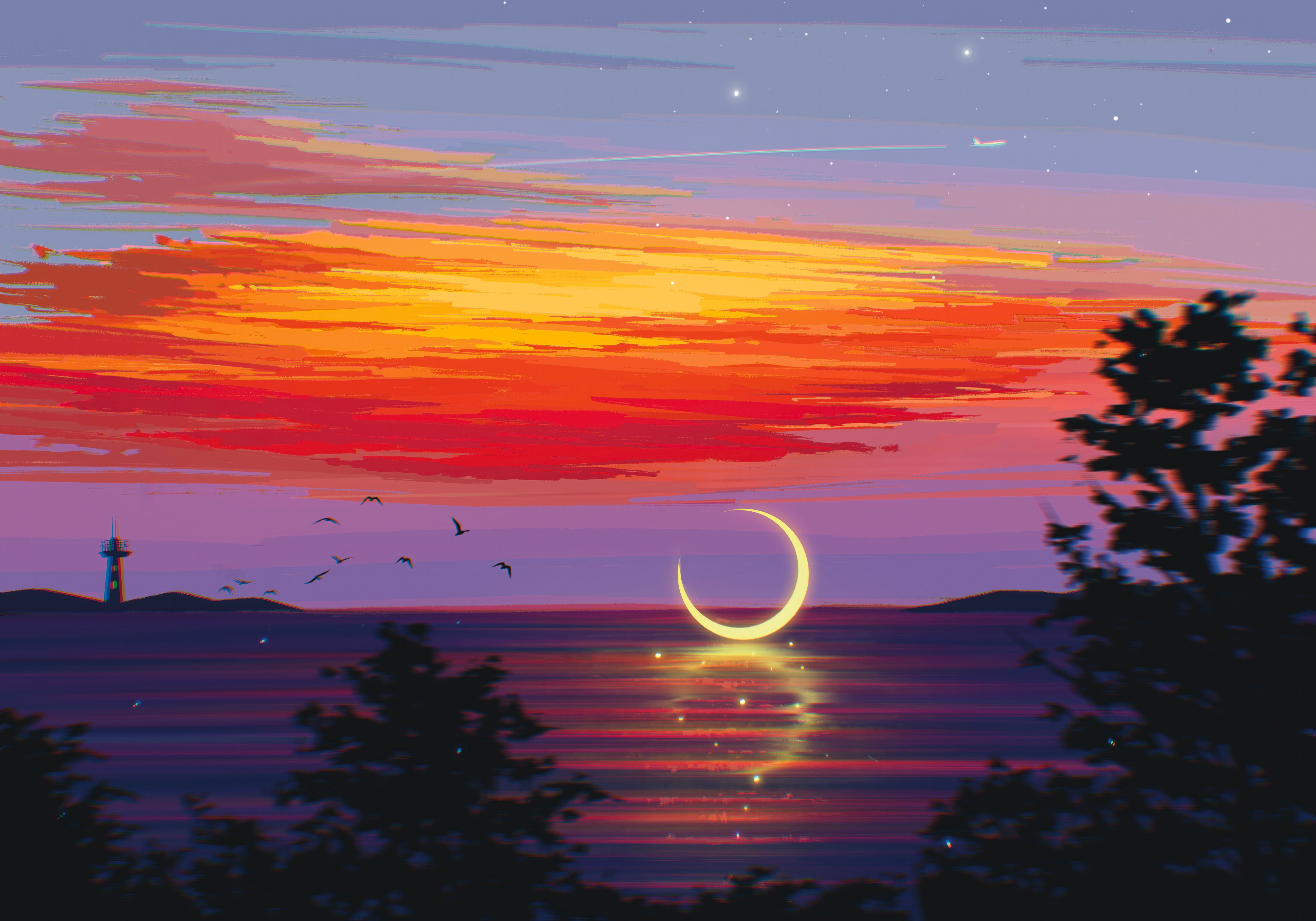 Crescent Moon Over Water During Sunset with Birds and Airplane HD Wallpaper