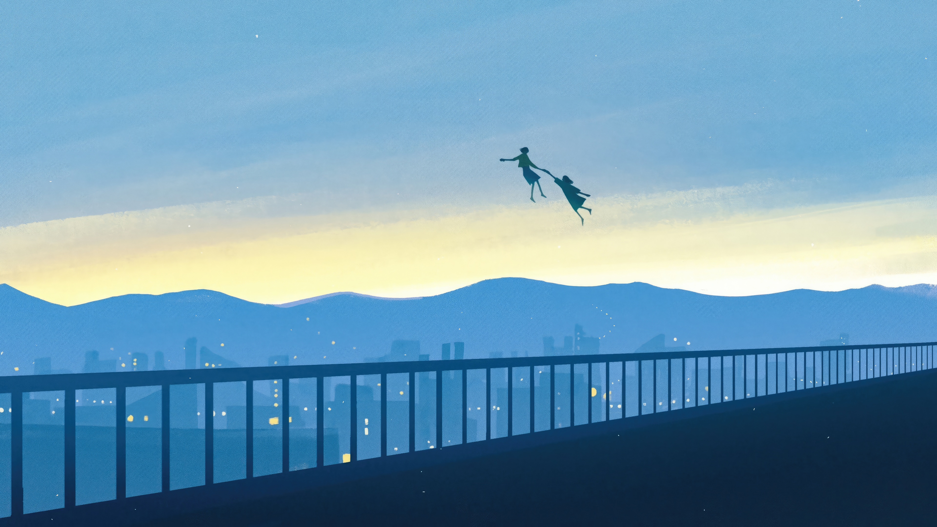 Two figures flying over a city at dusk HD Wallpaper
