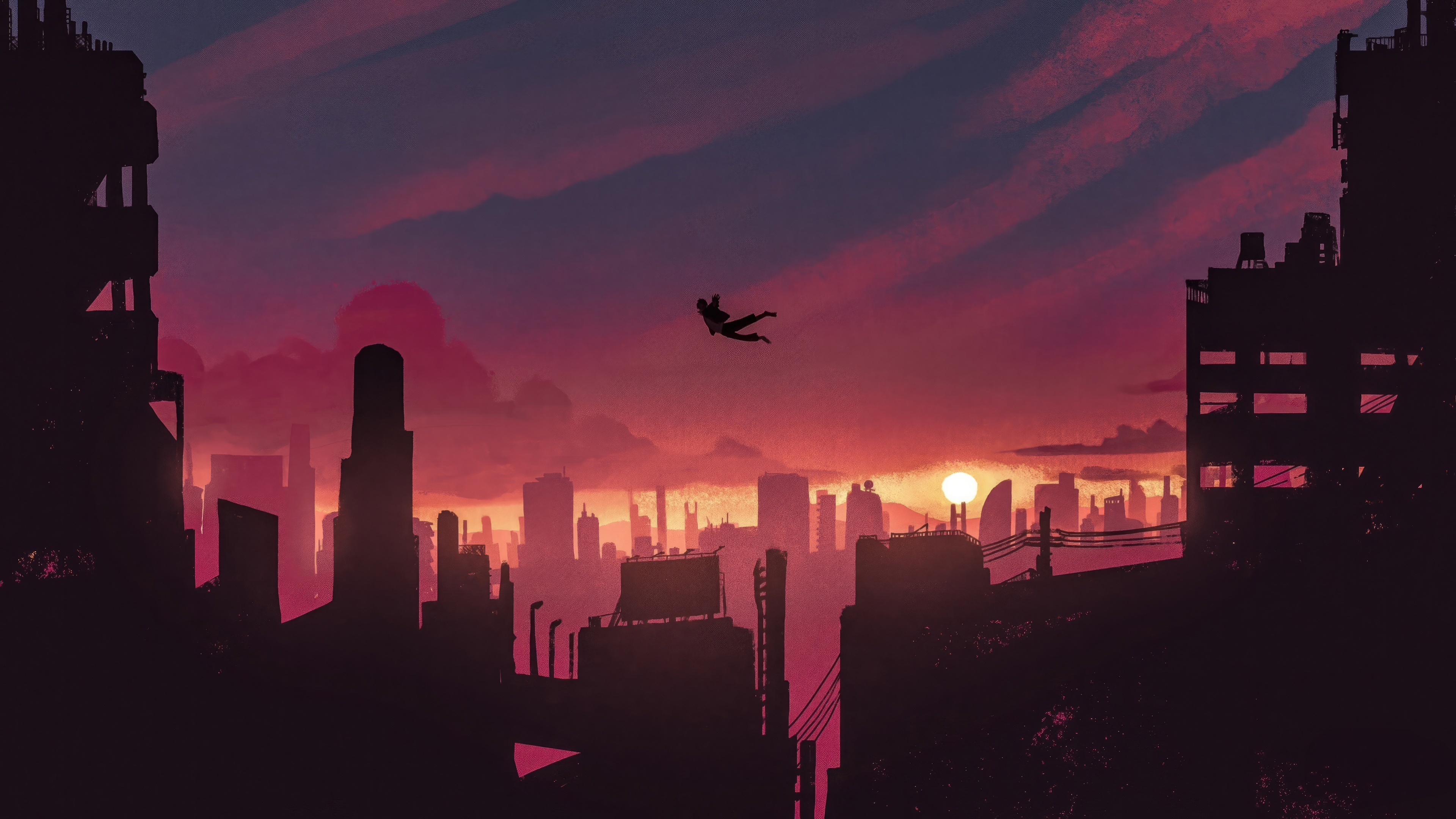 Silhouette falling against a sunset cityscape HD Wallpaper