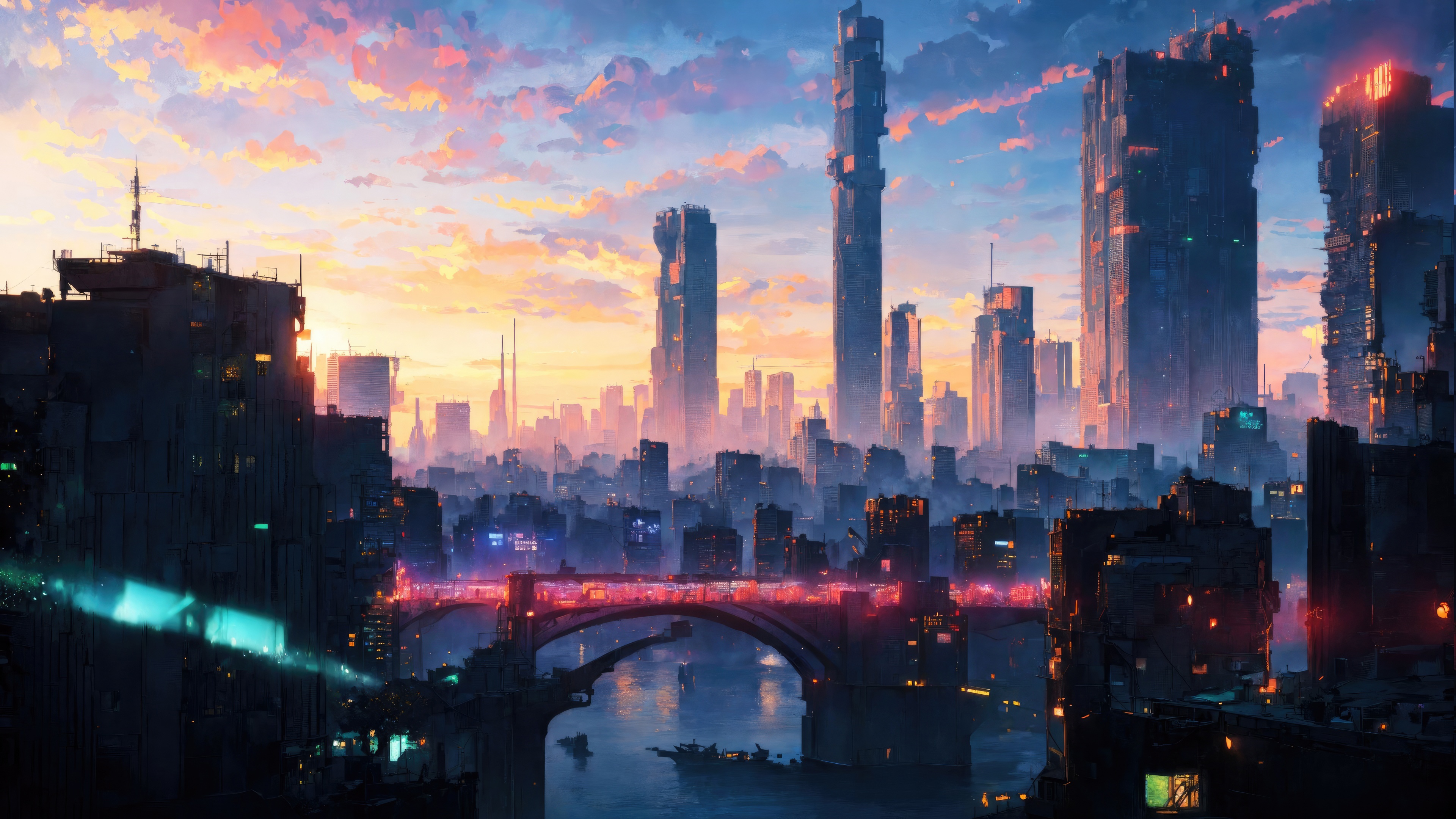Futuristic Cityscape at Sunset with Bridge HD Wallpaper