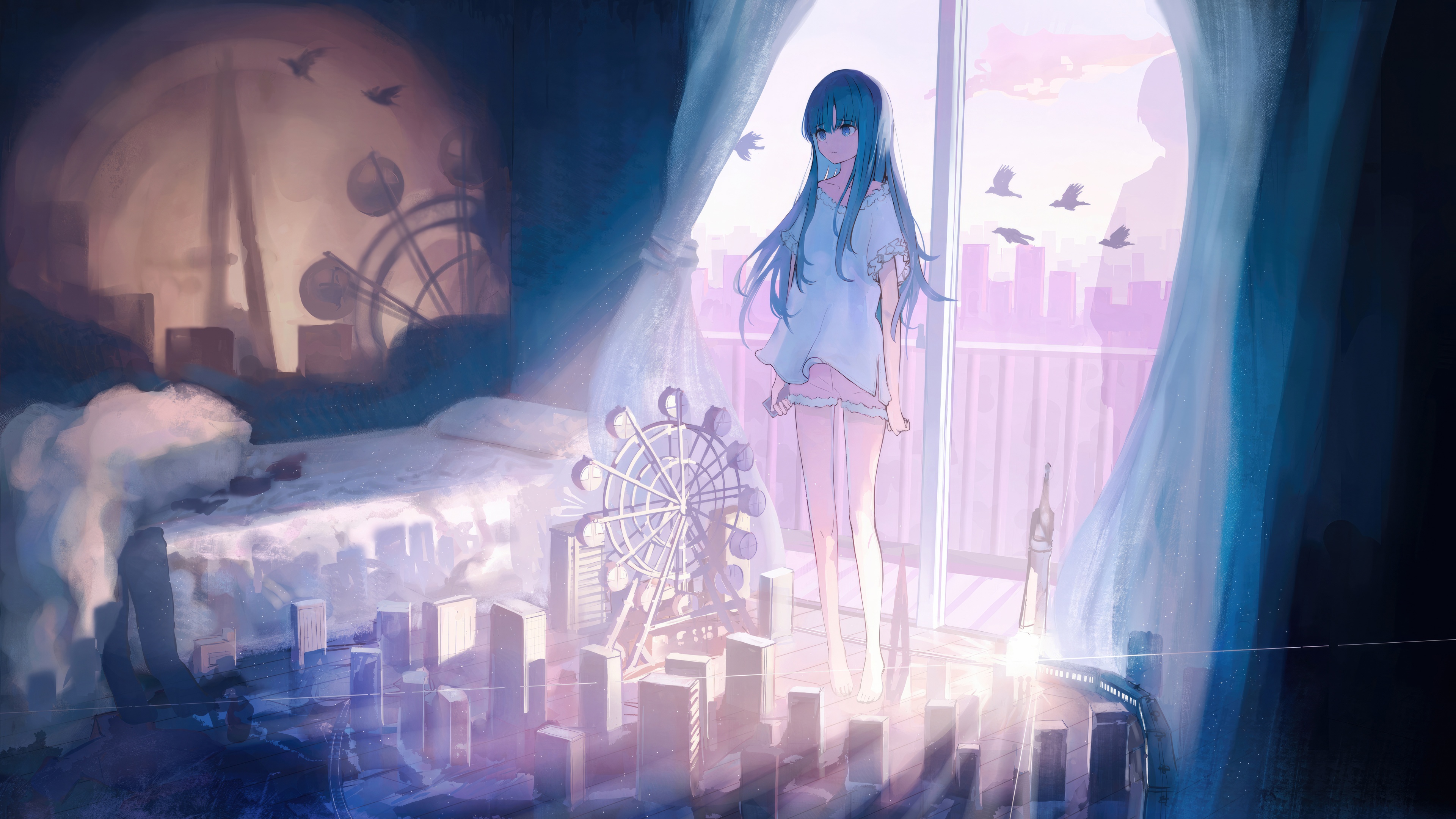 Anime girl dreams of a fantastical city HD Wallpaper