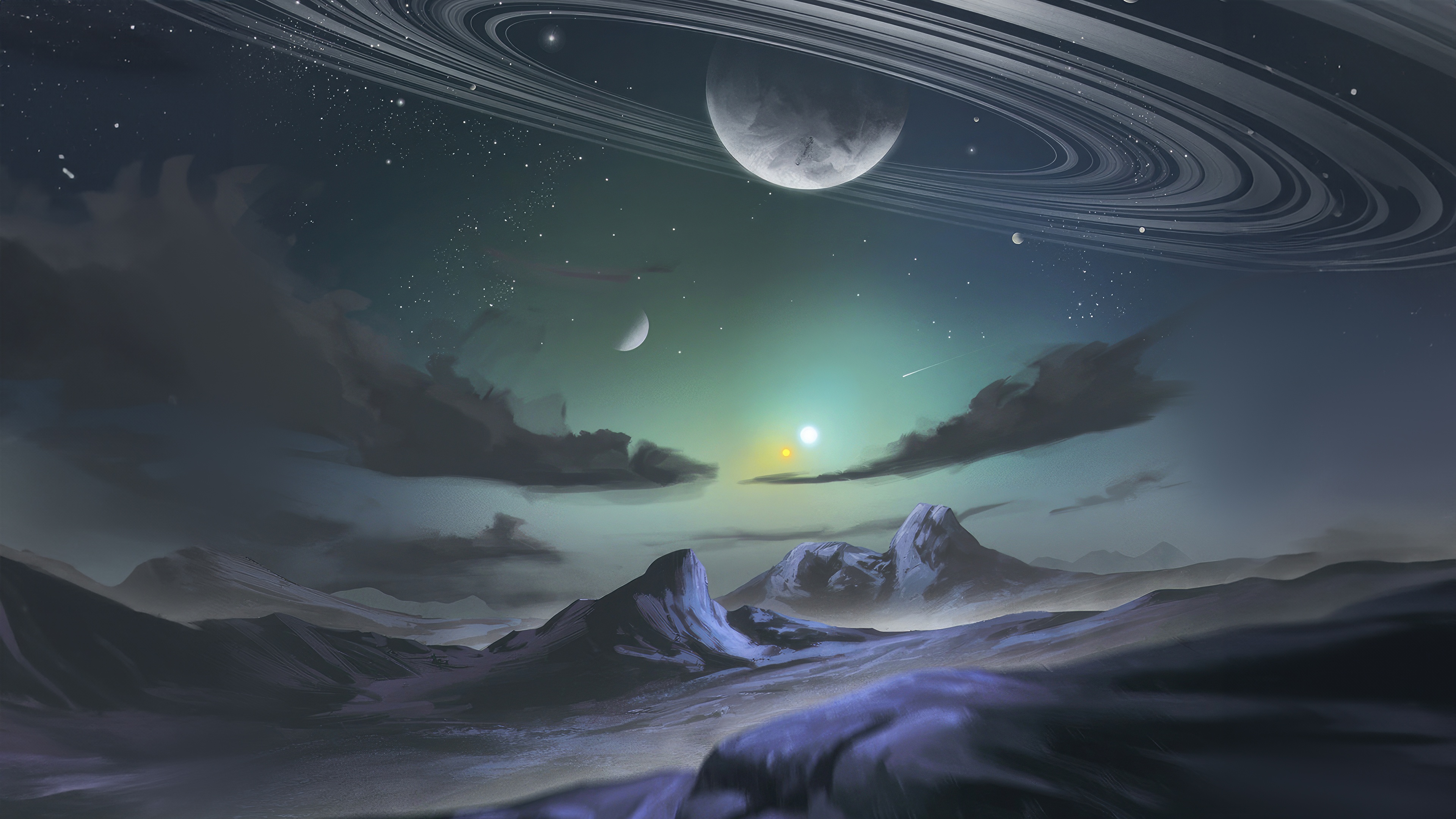 Sci Fi Realm with Ringed Planet and Moons HD Wallpaper