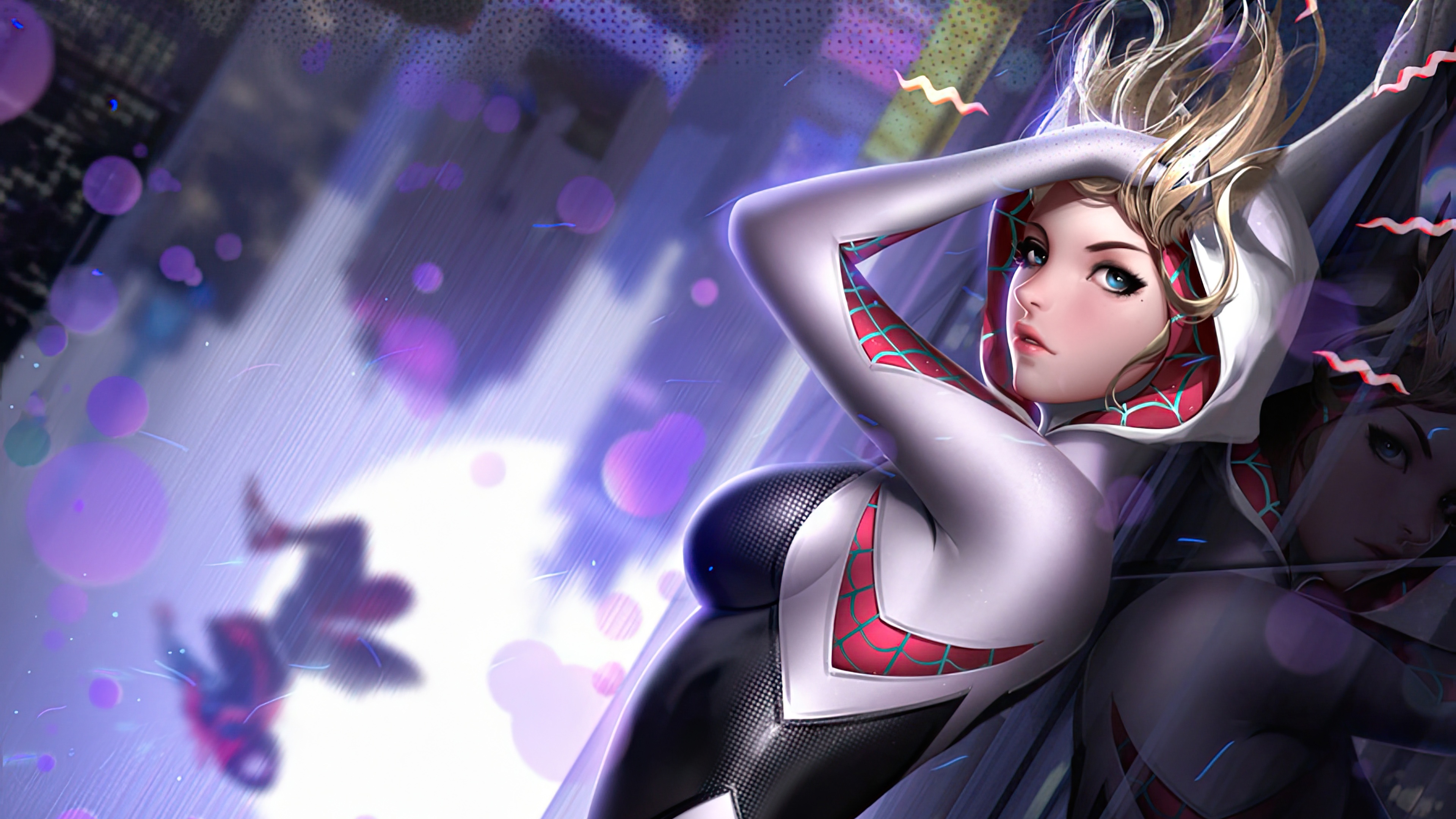 Gwen Stacy in Spider-Gwen costume leaning against a reflective surface HD Wallpaper