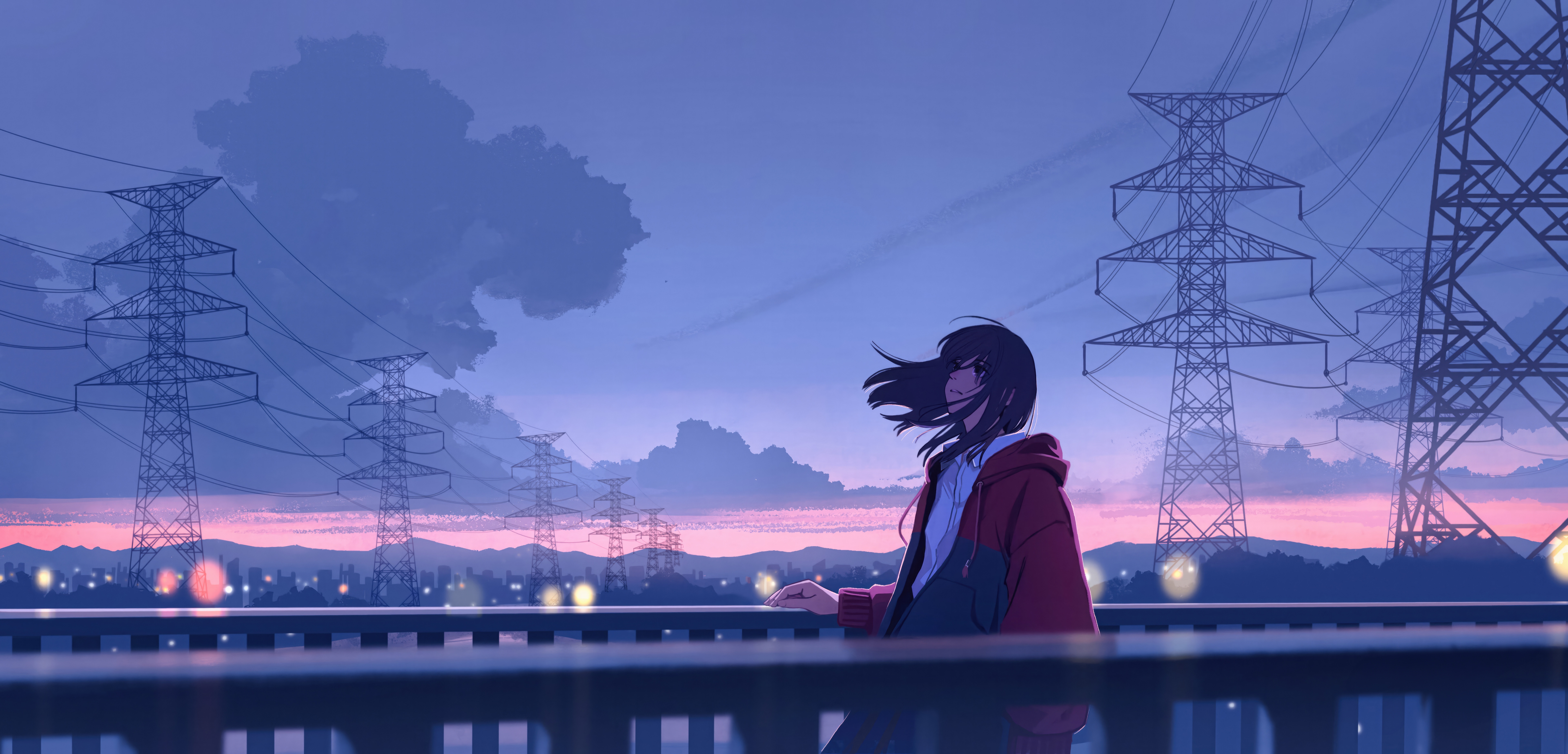 Girl Standing Near Power Lines at Dusk HD Wallpaper