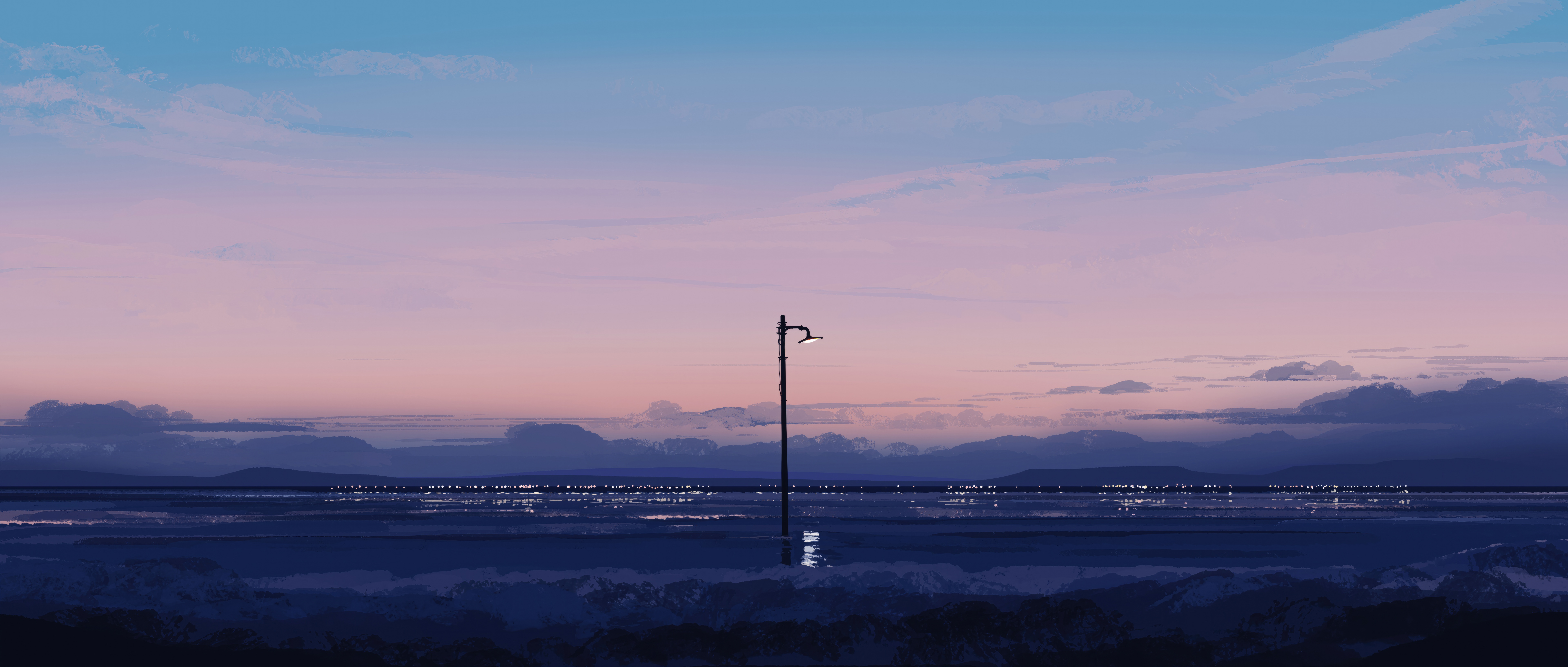 Street lamp in the ocean at sunset HD Wallpaper
