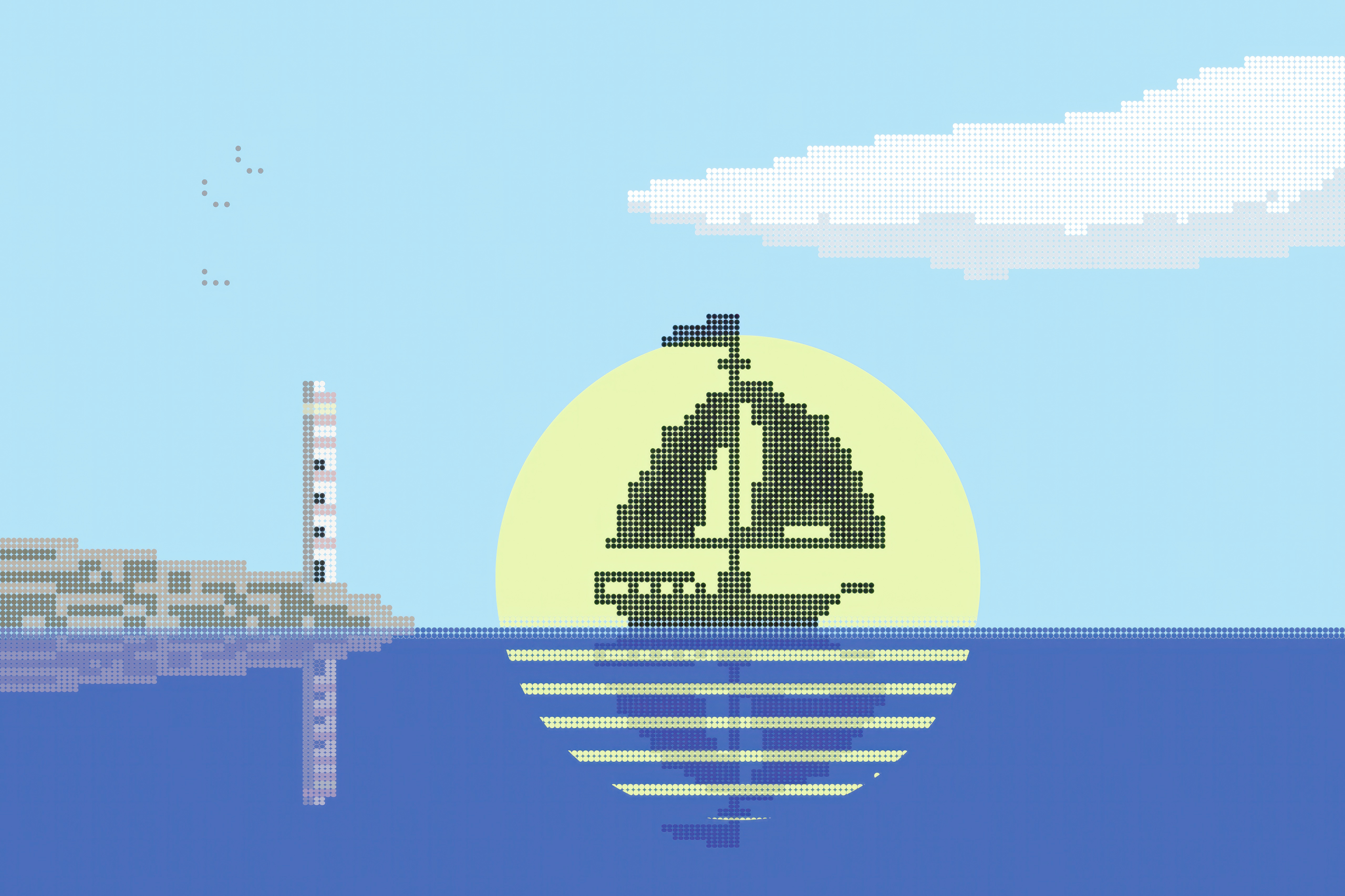 Pixel art sailboat at sunset with lighthouse HD Wallpaper