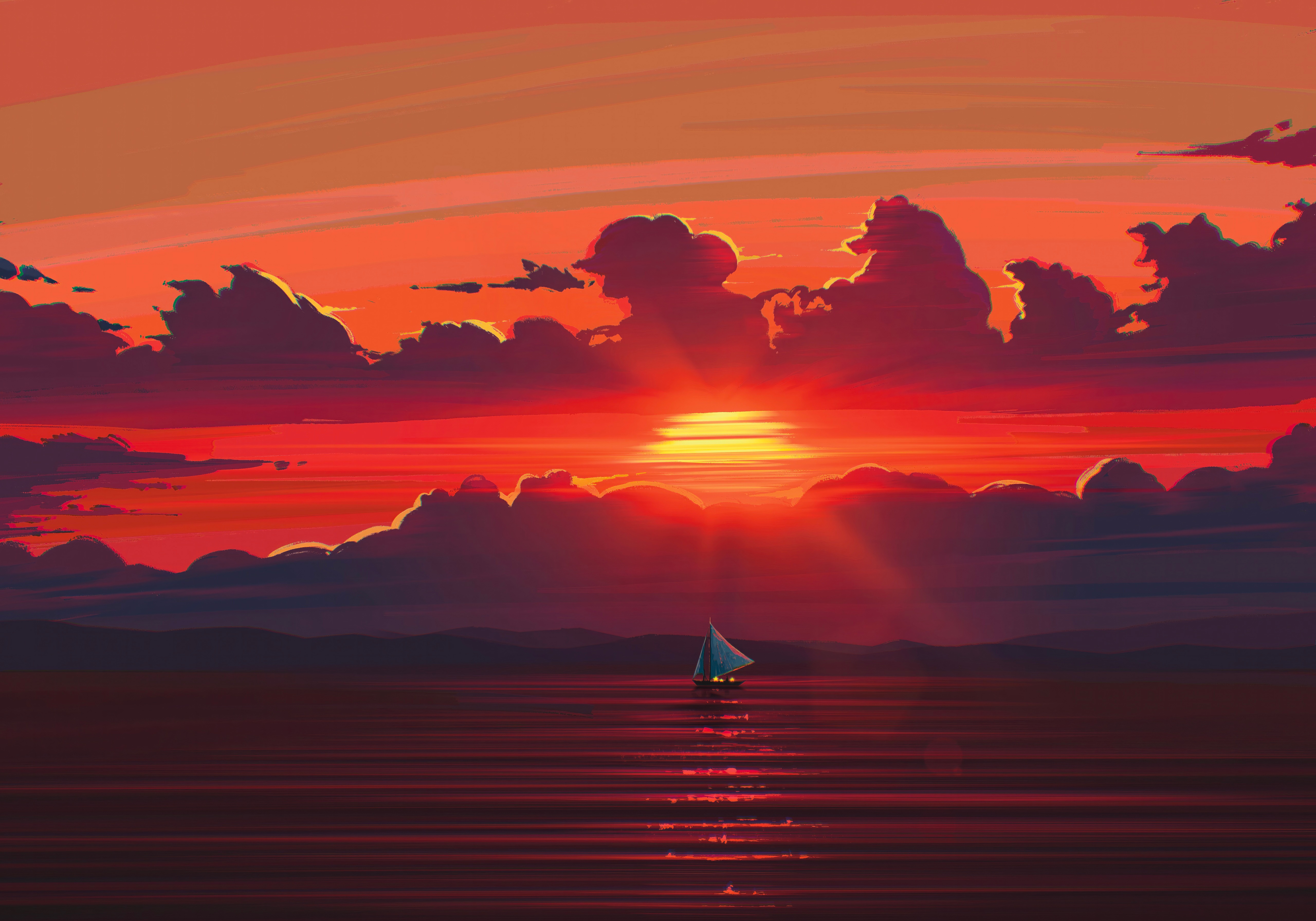Sailing boat on the sea at sunset HD Wallpaper