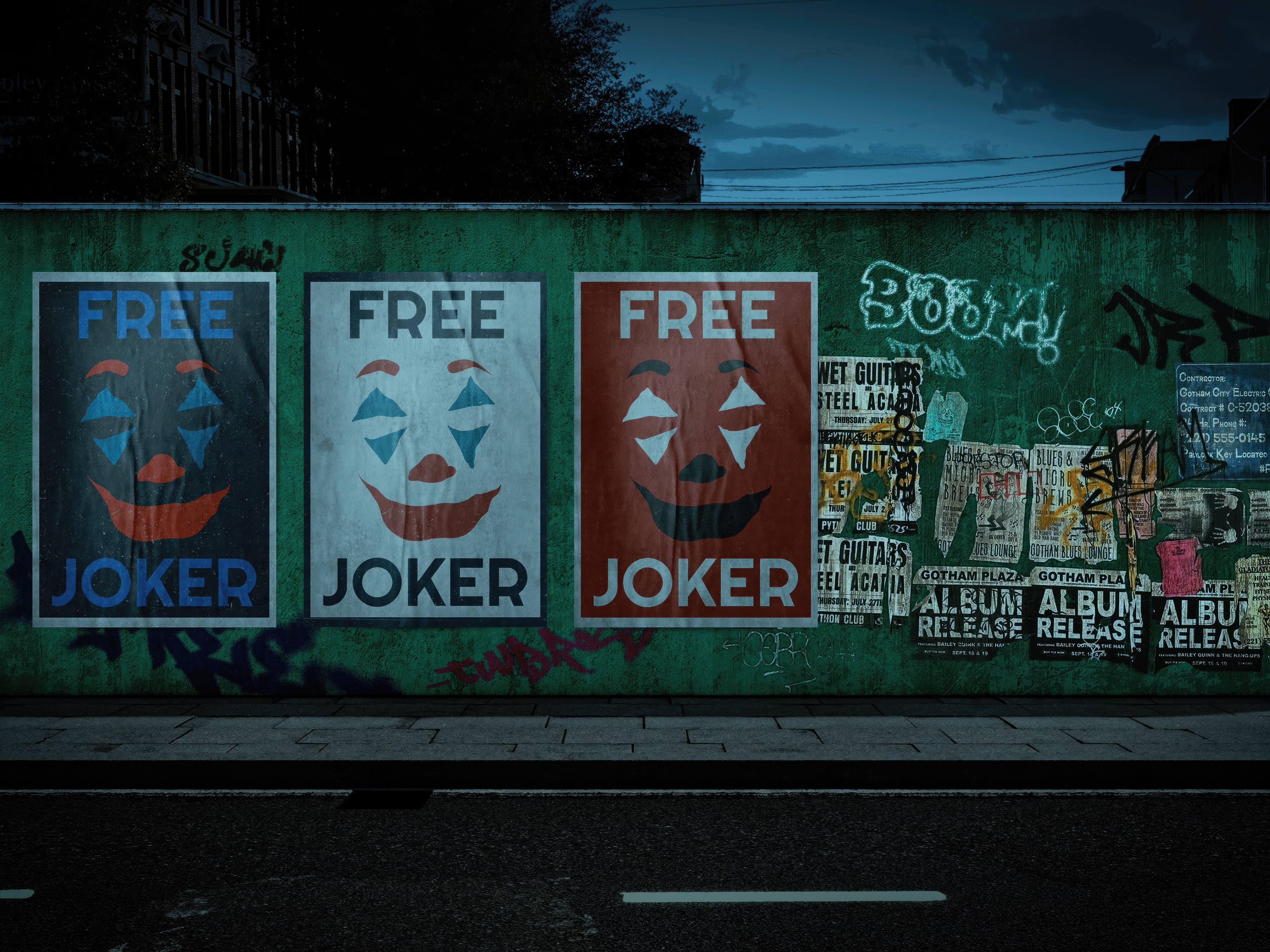 Joker posters on a graffiti-covered wall HD Wallpaper
