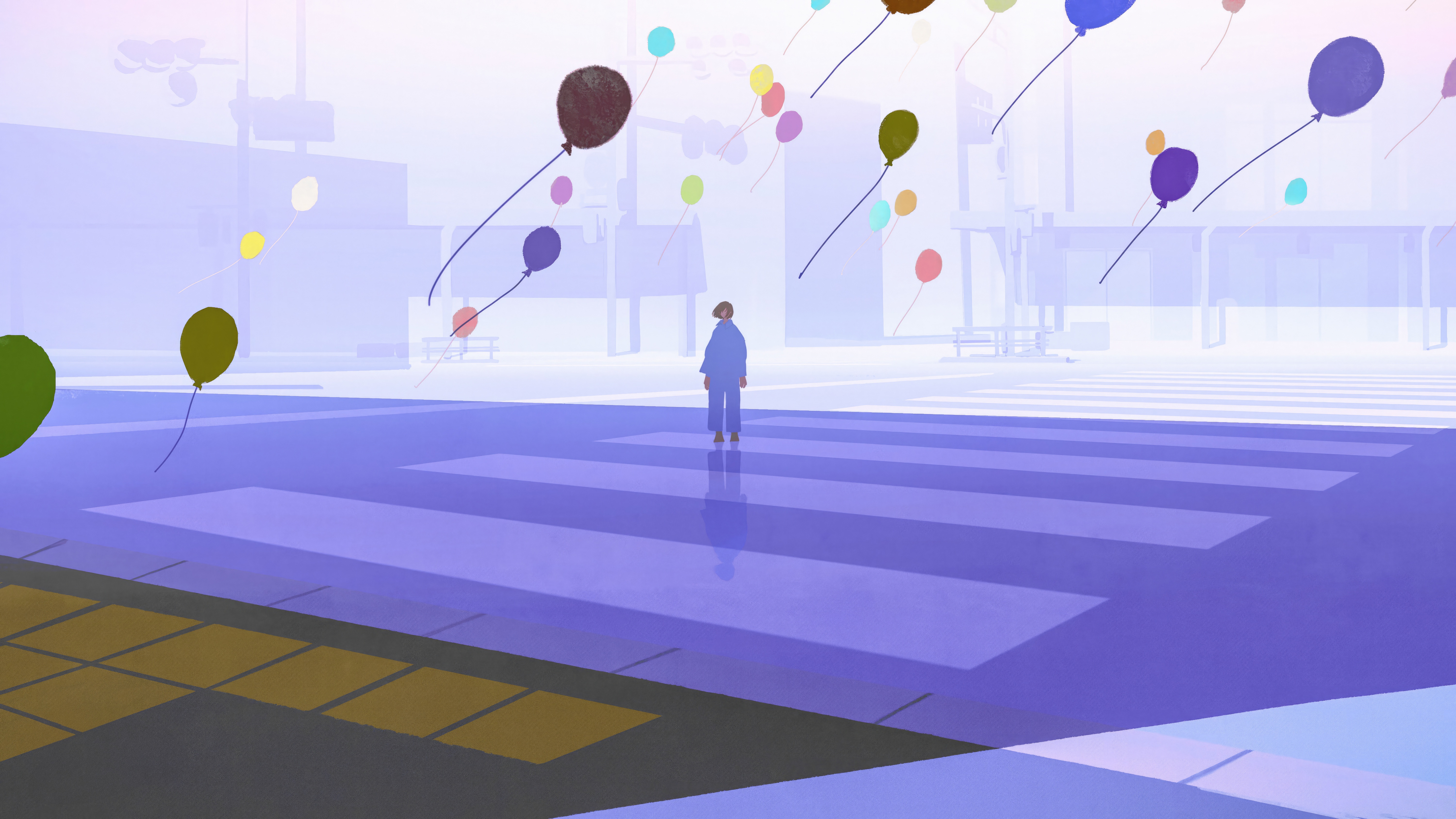A lone figure stands on a crosswalk with drifting balloons HD Wallpaper