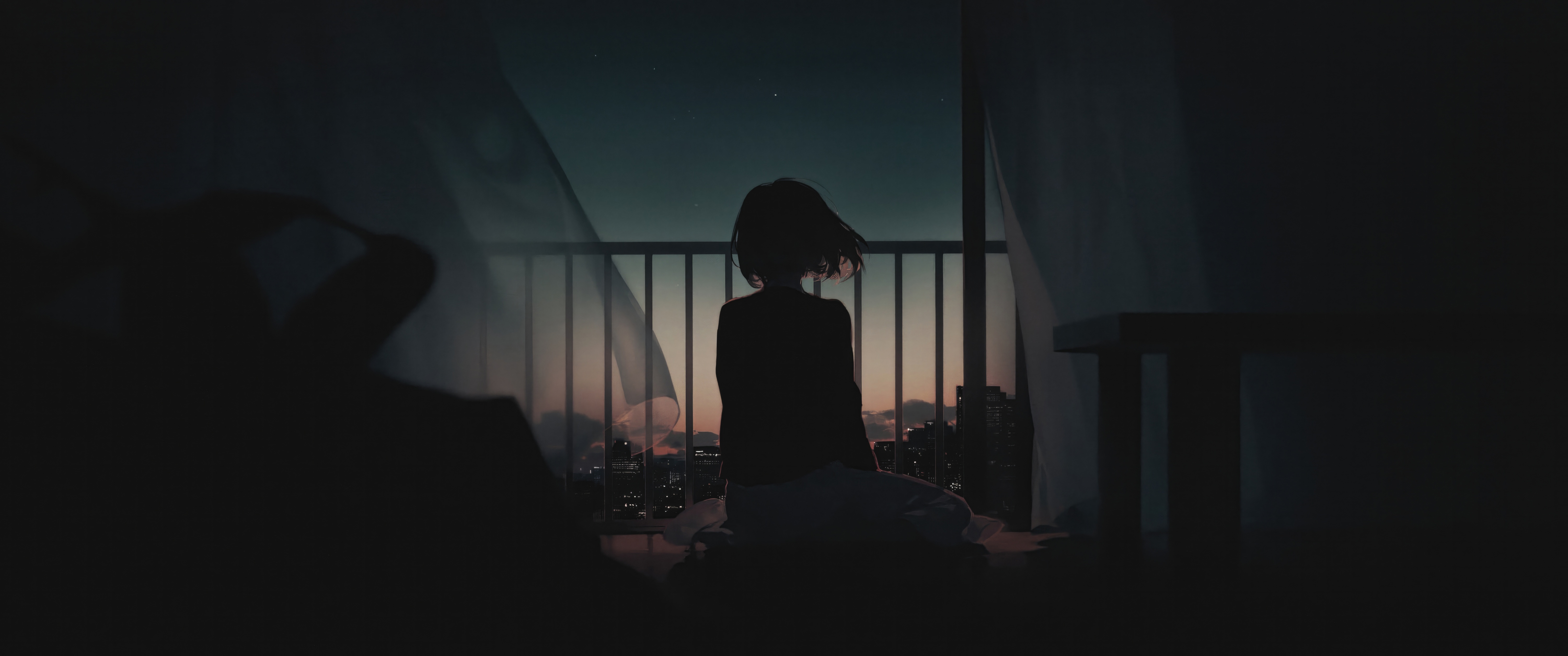 Silhouette of a person on a balcony at night HD Wallpaper