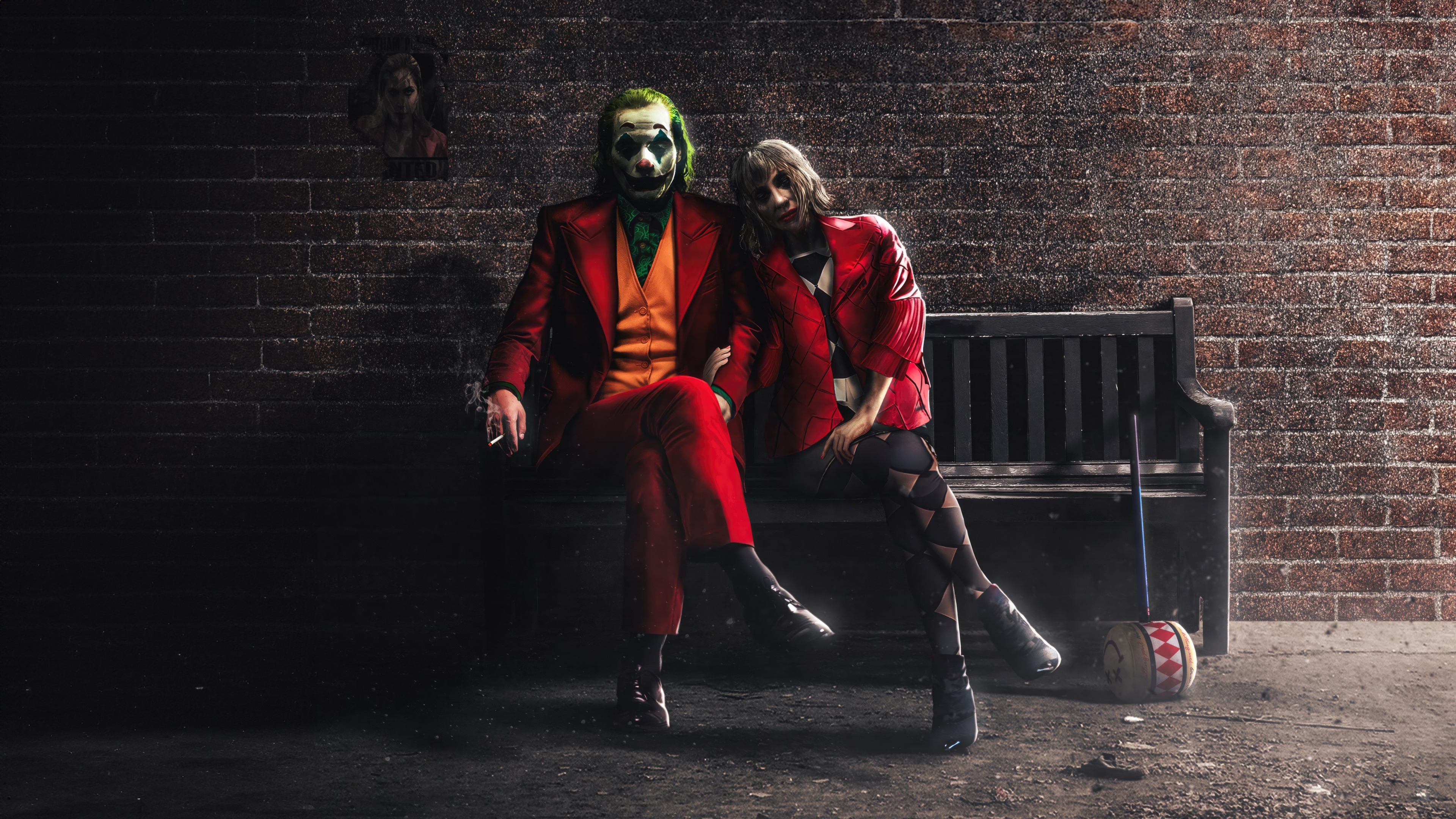 Joker and Harley Quinn sitting on a bench HD Wallpaper