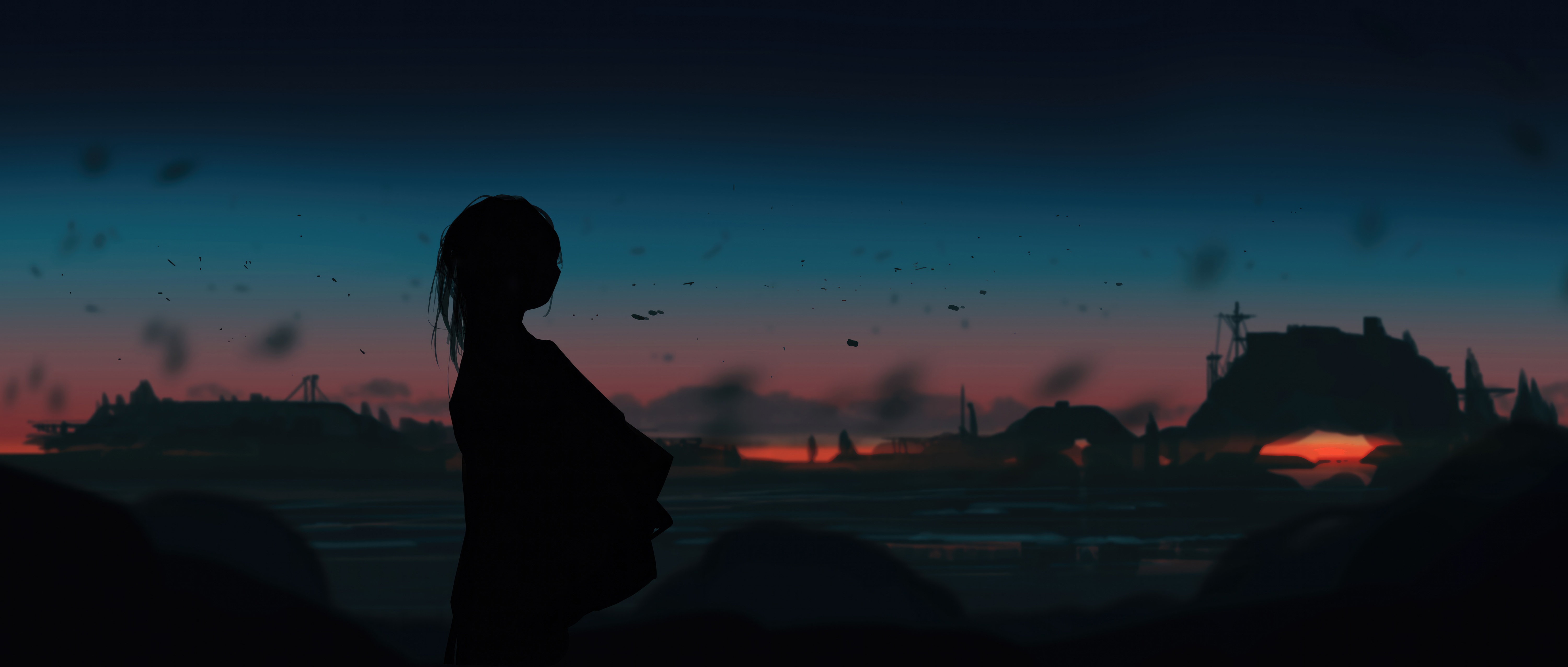 Anime girl silhouette against a sunset cityscape HD Wallpaper