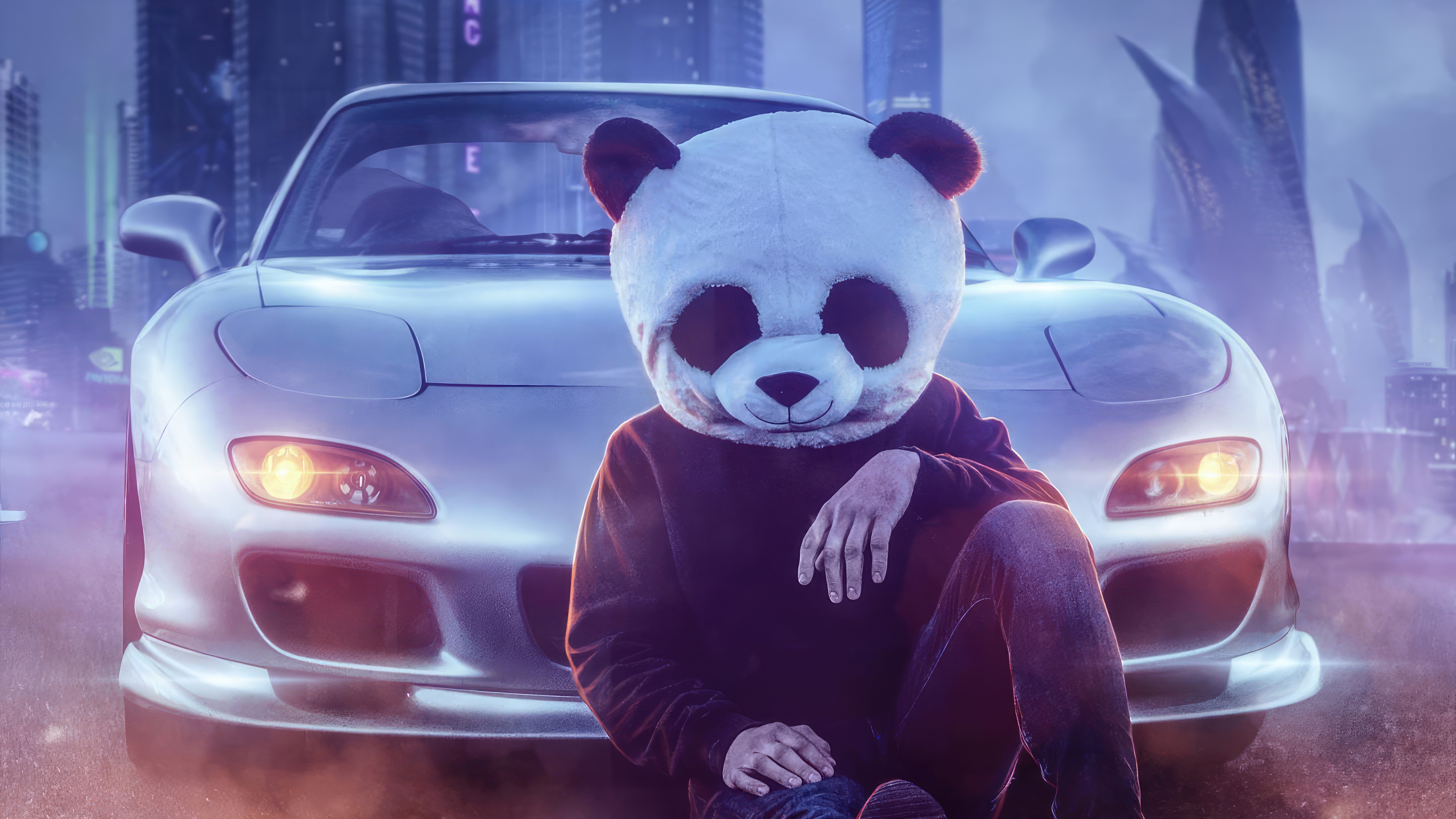Panda Boy Sitting in Front of a Car HD Wallpaper
