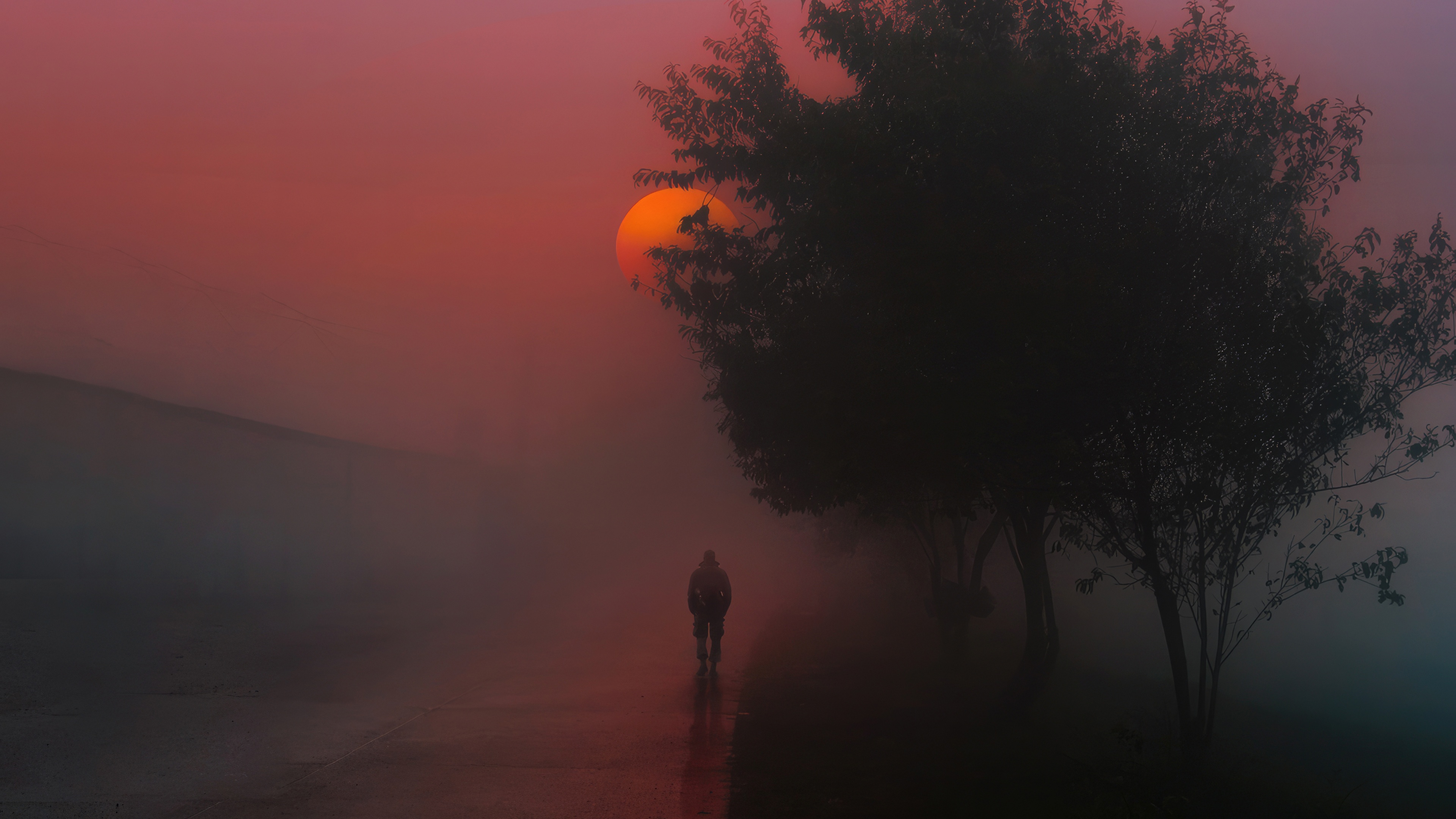 Person walking in fog during sunrise HD Wallpaper