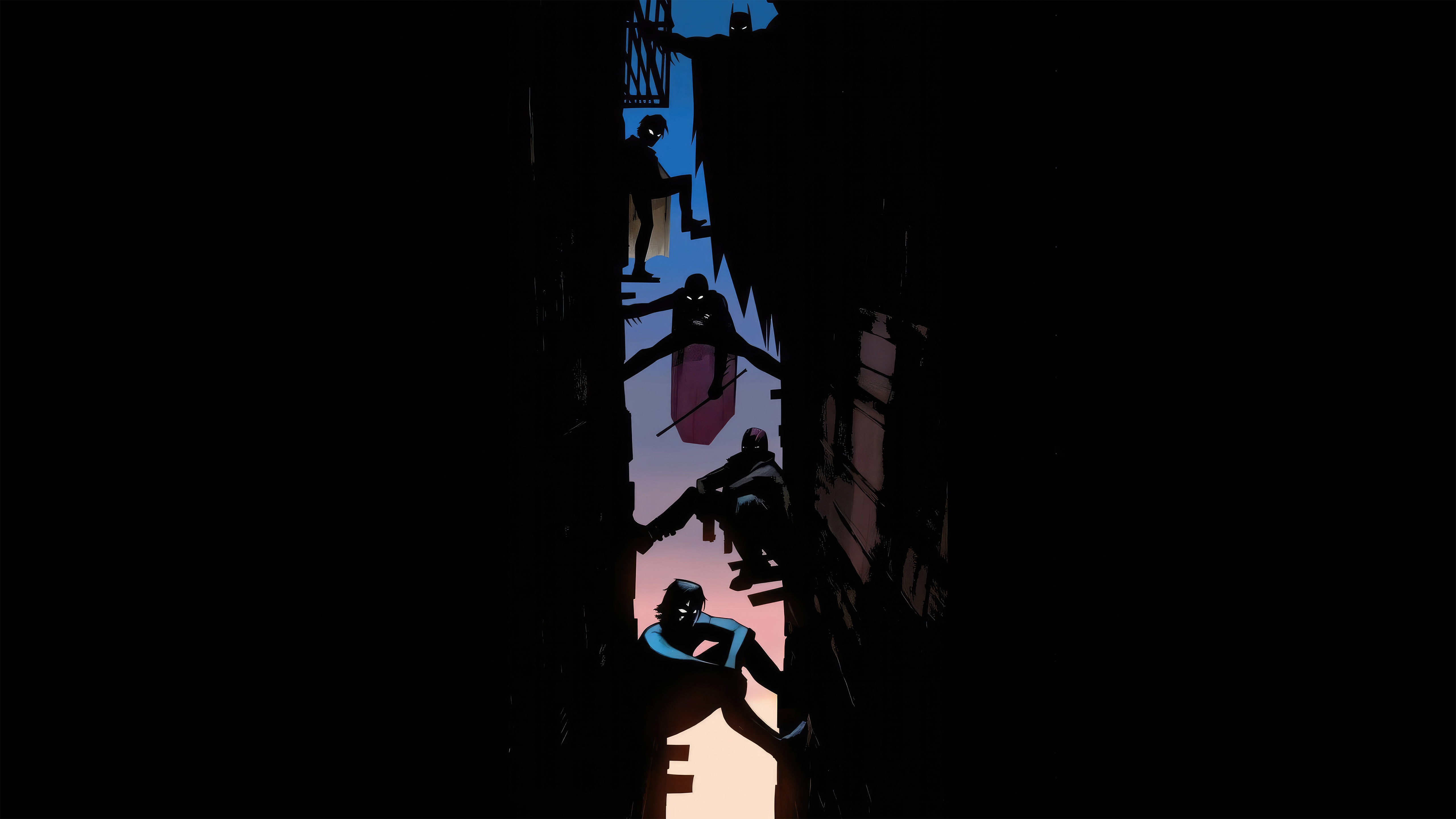 Batman and allies climbing in a dark alley HD Wallpaper