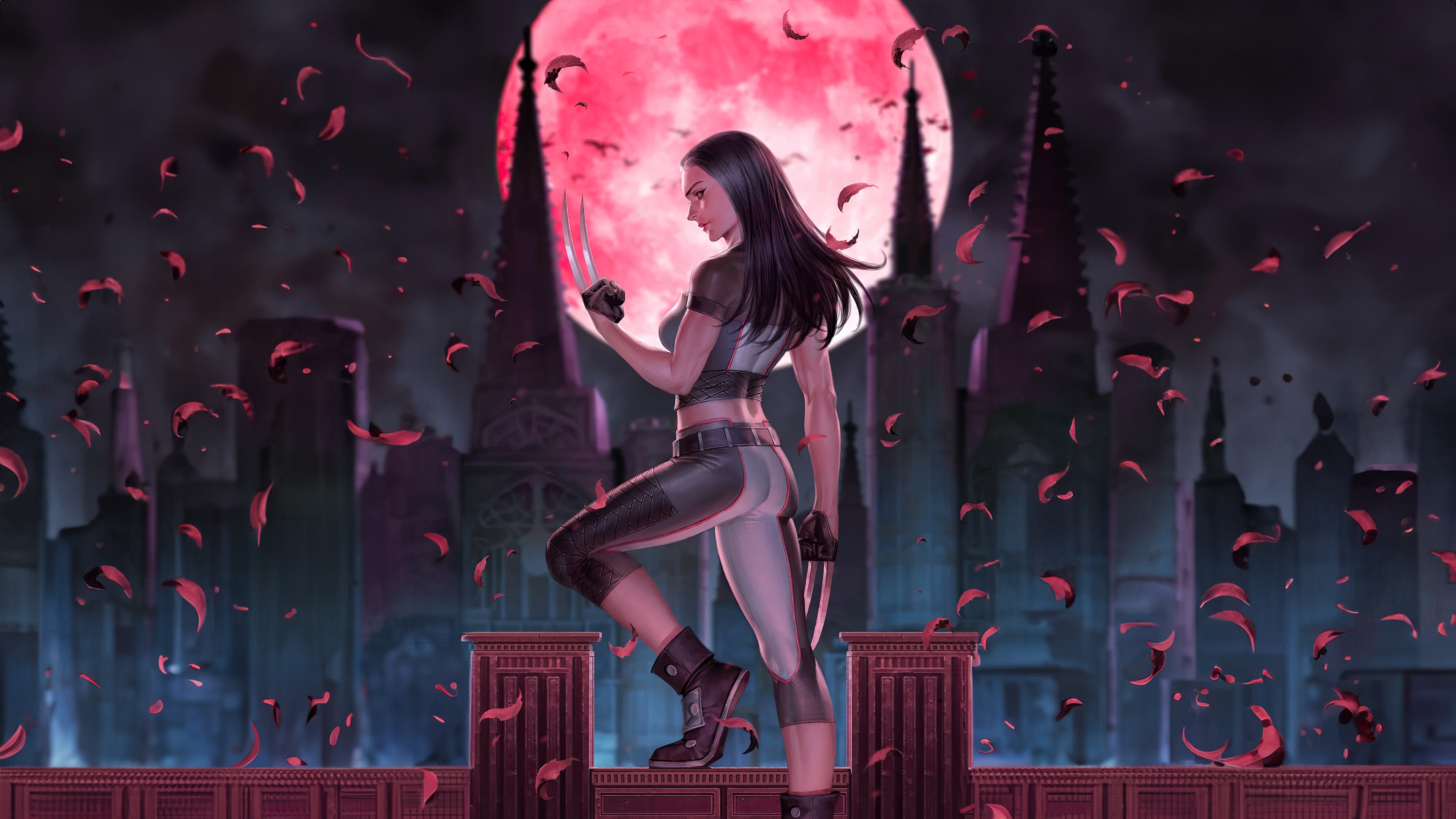 X-23 Warrior with Claws and Red Moon HD Wallpaper