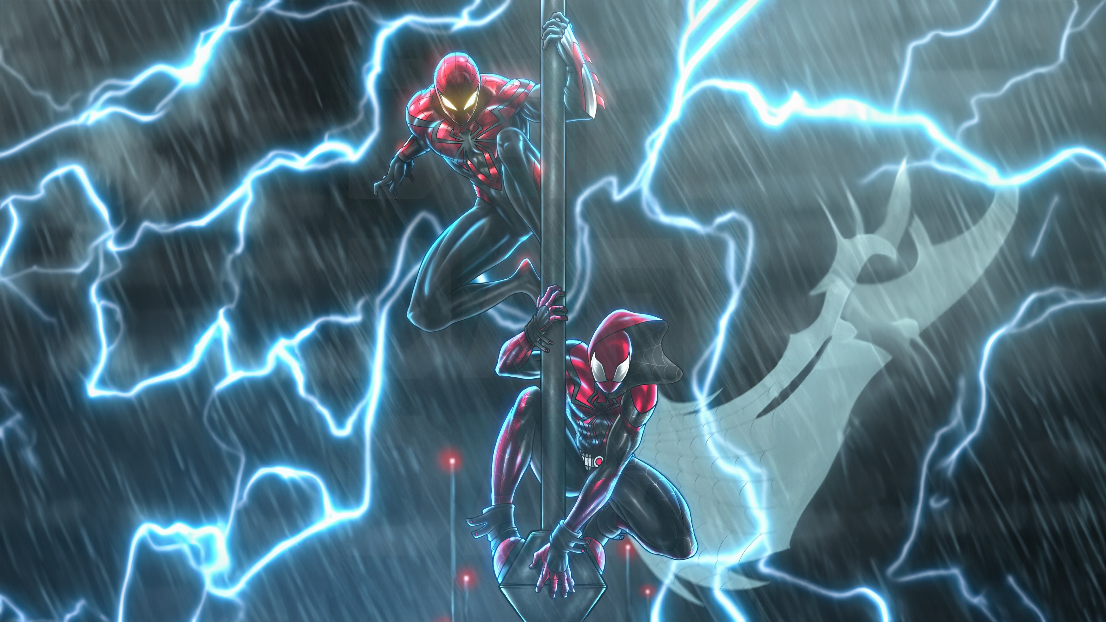 Spider-Men climbing a pole during a lightning storm HD Wallpaper